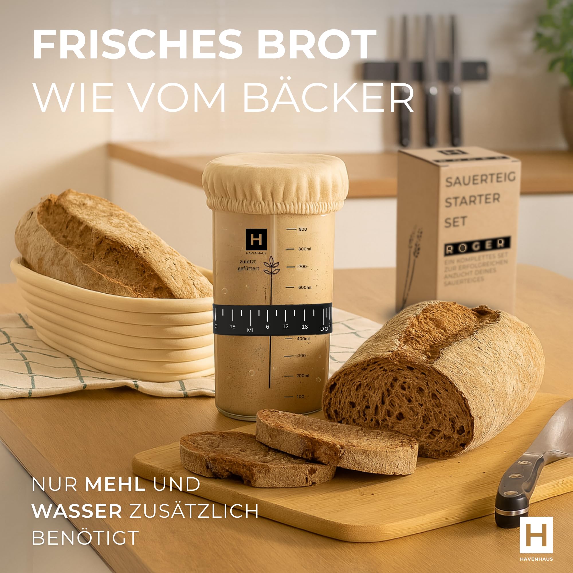 HAVENHAUS Brotbackset XXL | Sauerteig Starter Set mit umfassendem Brot backen Zubehör | inklusive 2x Rattan Gärkorb Brot rund & oval, Sauerteig Zubehör und Dänischer Schneebesen | Brotbackzubehör