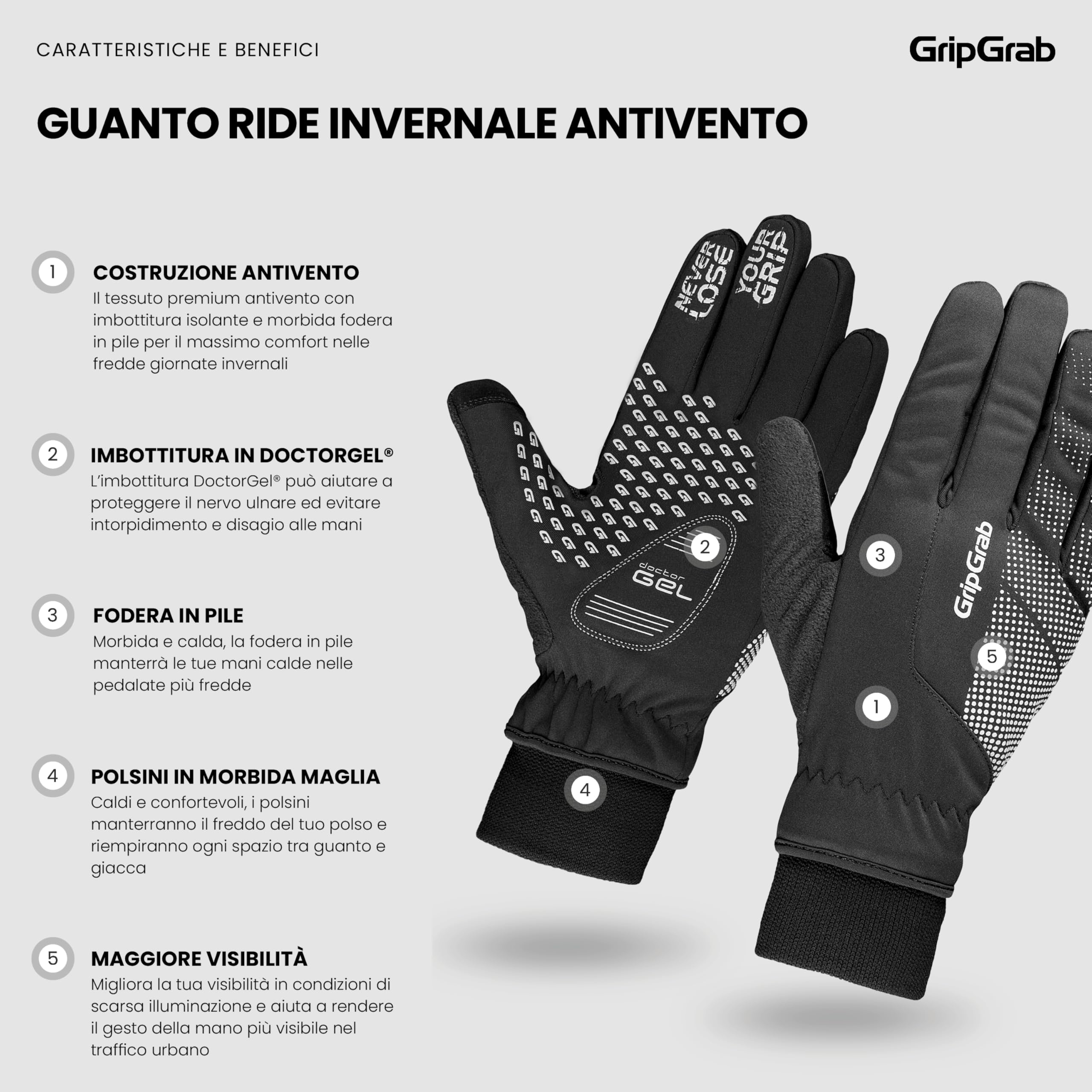GripGrab Guanti da Ciclismo RIDE Imbottiti Antivento Invernali con Dita Lunghe Termiche Bici da Corsa MTB Gravel