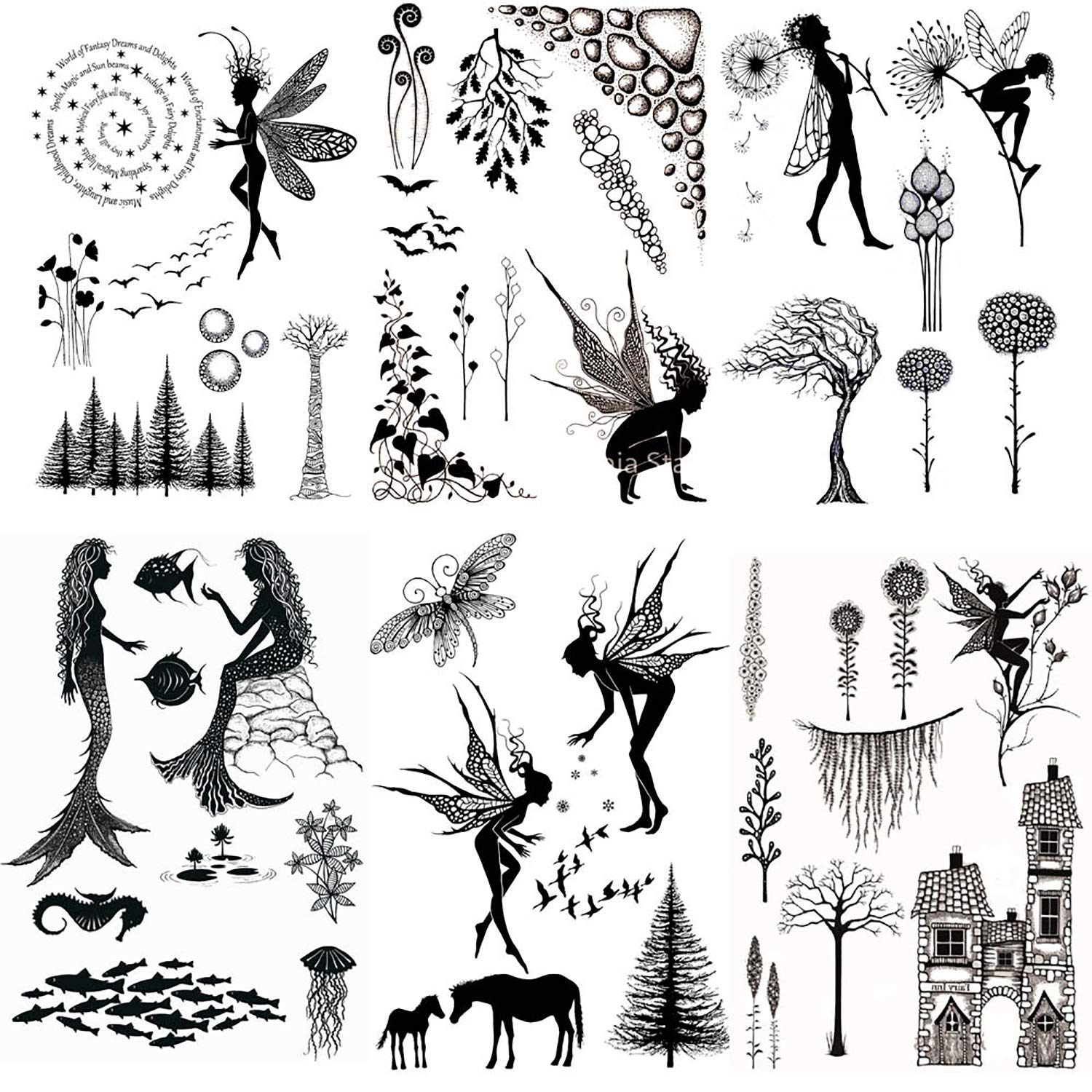 DIY Trasparente Sigillo Album fai da te Embossing Card Album Scrapbooking Silicone Guarnizioni Decorazione Trasparente Mano Sirena Fata Pianta Foresta Silicone(6 Pacchetti)
