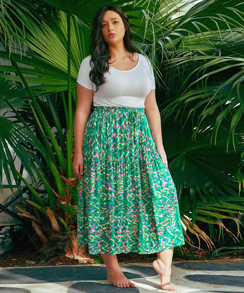 CARCOS Plus Size Skirts for Curvy Women Elastic High Waist Boho Maxi Skirt Pleated A-Line Tiered Long Skirts with Pockets - Image 3