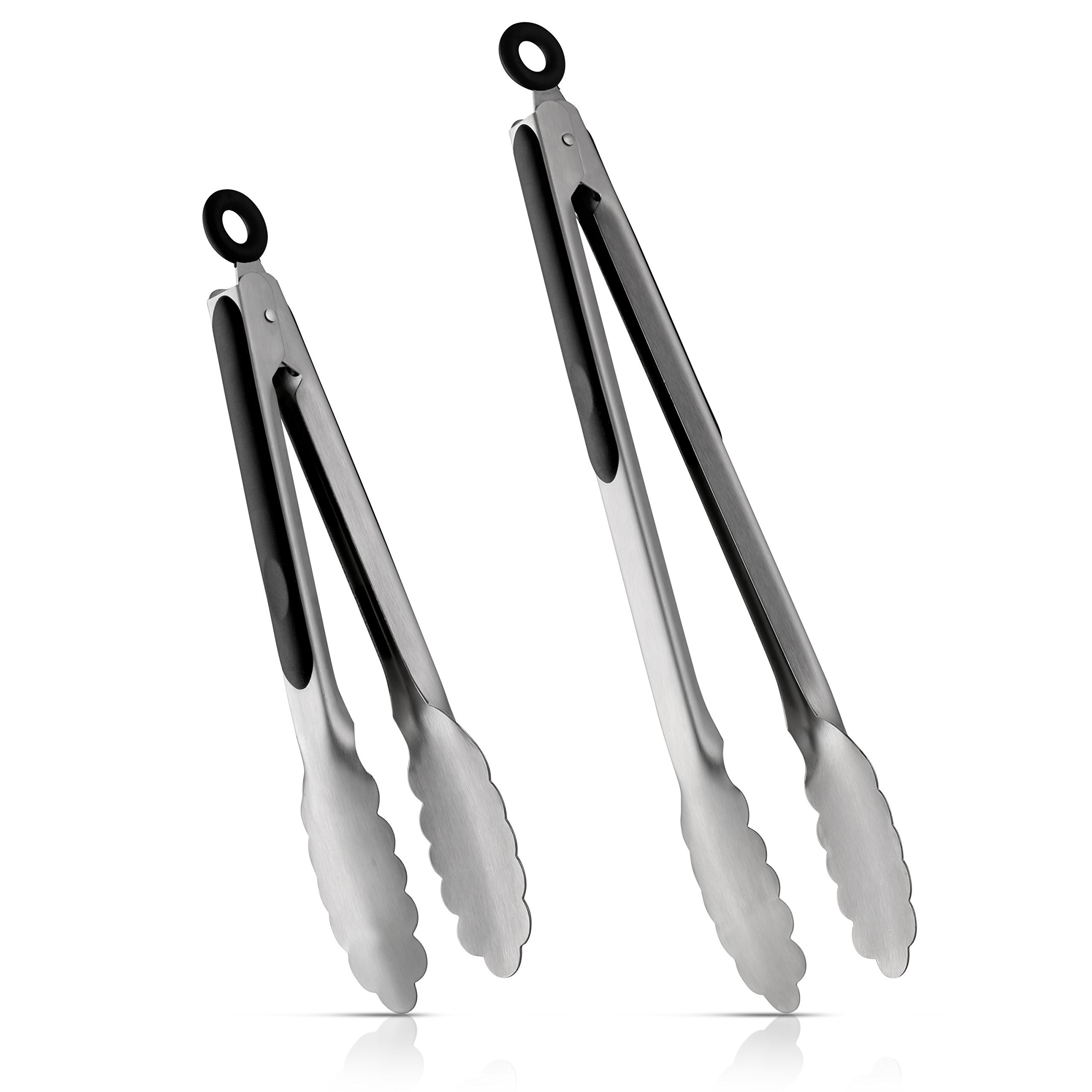 Brushed Stainless Steel Locking Kitchen Tongs 9 Inch & 12 Inch Set of 2