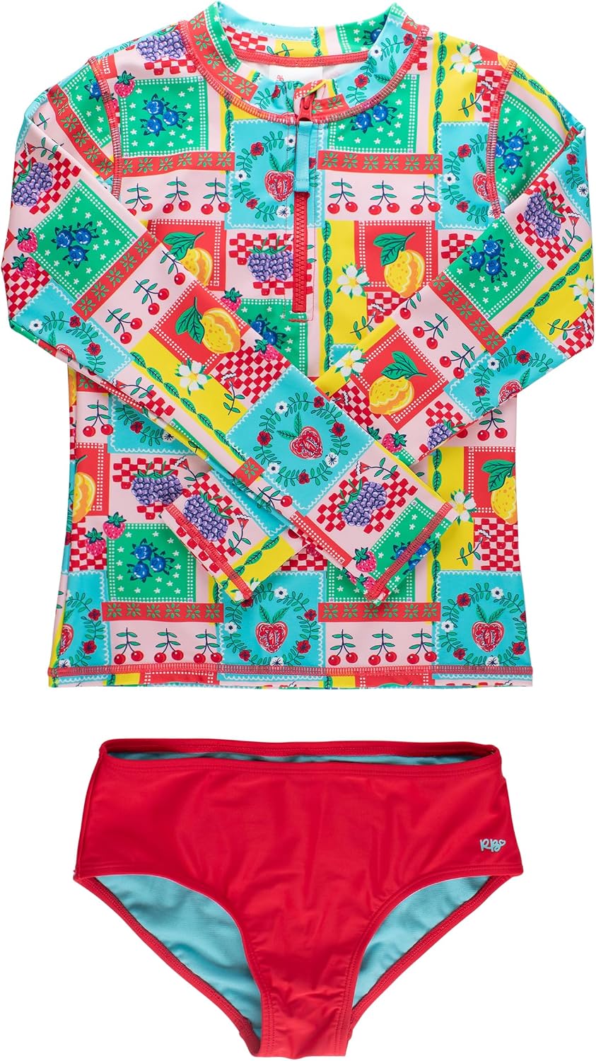 RuffleButts Girls Tween Long Sleeve Zipper Rash Guard 2-Piece Bikini Swimsuit