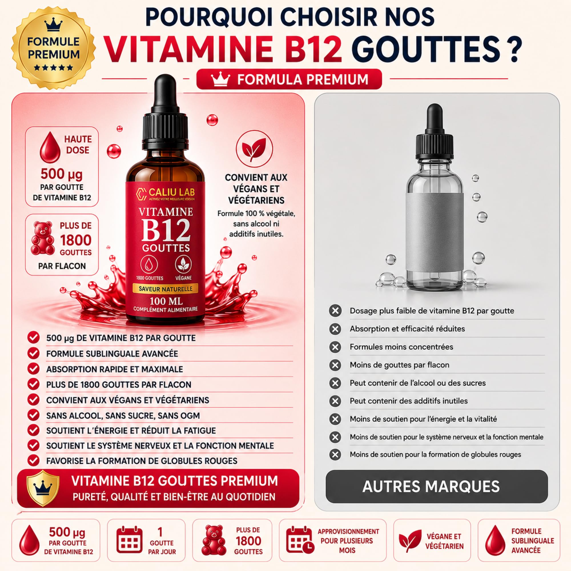 Vitamine B12 Méthylcobalamine Sublinguale | 100 ml Gouttes Liquides | Haute Concentration en Vitamine B12 Active | Complément Alimentaire pour l'Énergie, le Système Nerveux et le Métabolisme