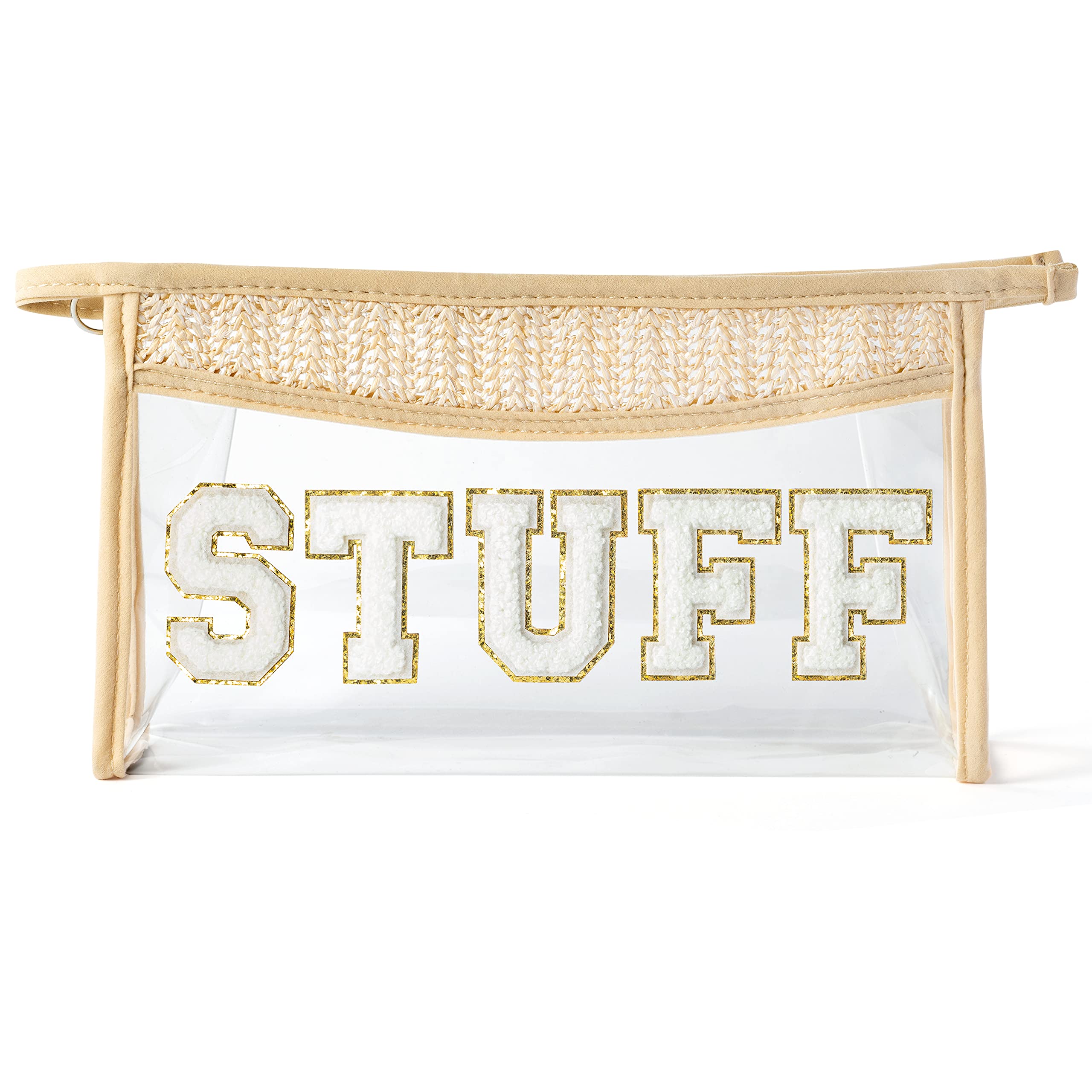 GROBRO7Clear Toiletry Bag Patch Stuff Varsity Letter Bag, Boho Beige Waterproof PVC Travel Cosmetic Bags with Zippers for Makeup Washing Nursing, Easy to Carry Business Trip Holiday Essentials