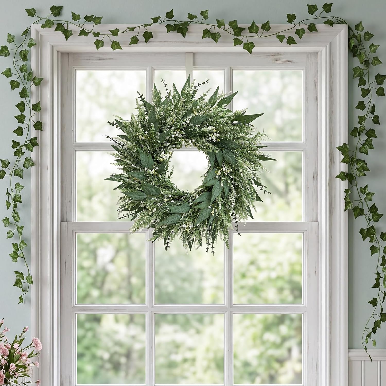 26'' Large Eucalyptus Wreaths for Front Door,Spring Summer Greenery Wreath with Babys Breath Flowers for Outdoor, Porch,Wall,Holiday,Home Decor- Spring, Summer, Fall,Winter All Seasons