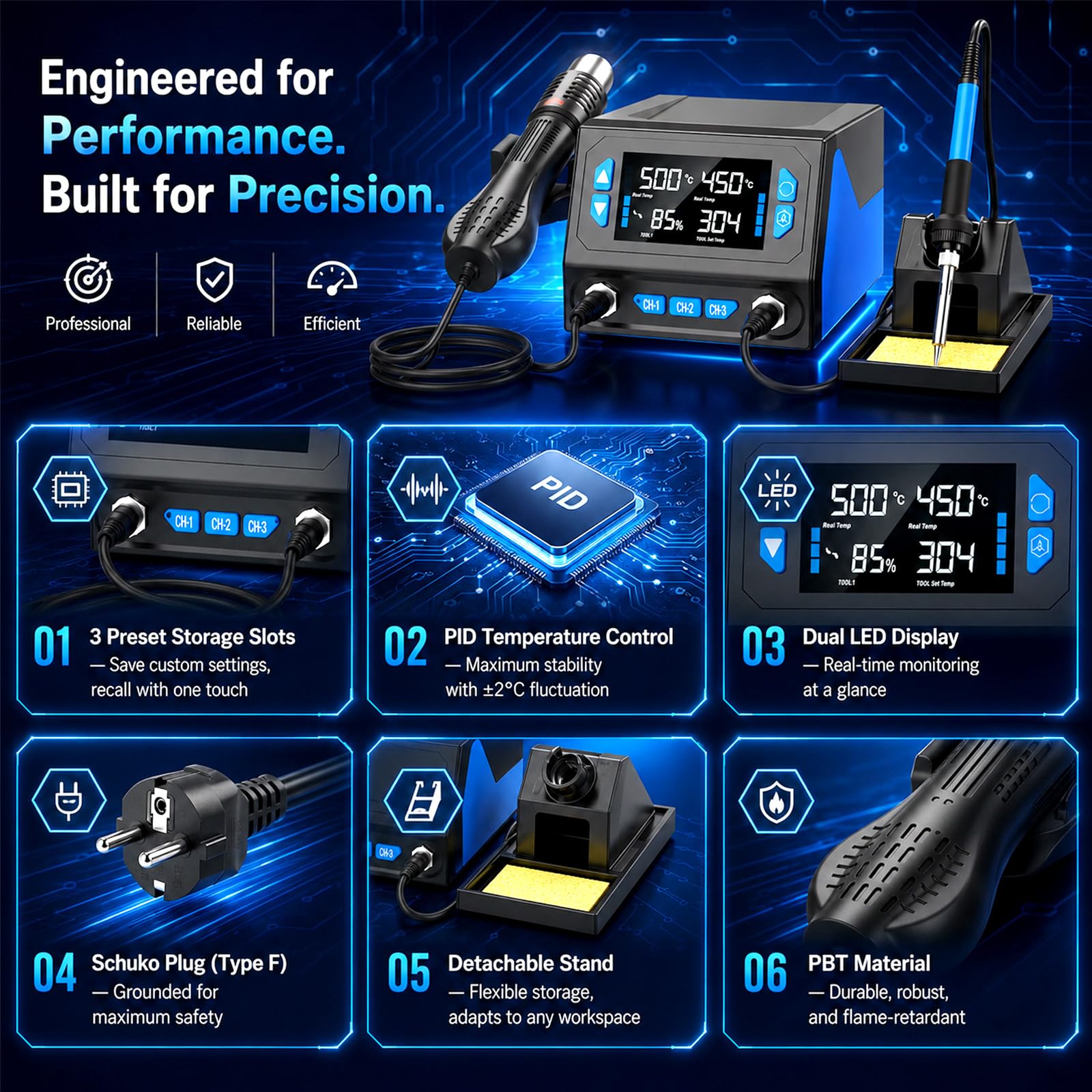 Stazione saldante ad aria calda 2 in 1, stazione saldante professionale con doppio LCD e controllo digitale, stazione dissaldante, 100-500 °C, pistola ad aria calda 100-450 °C, riscaldamento rapido