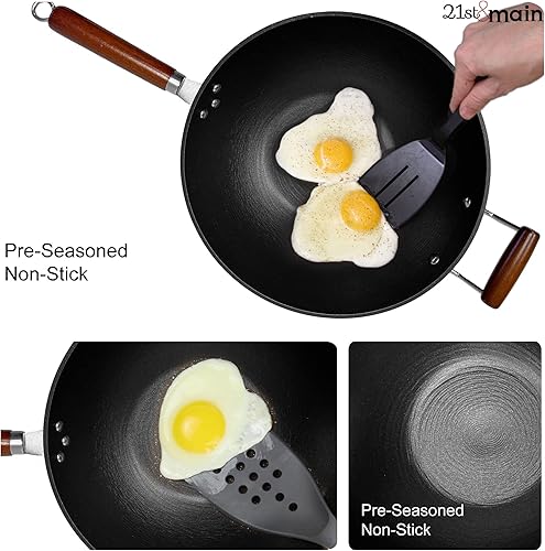 Miniatura 12 de 21st & Main Wok, sartén para freír, mango de madera, 11 pulgadas, hierro fundido ligero, sartén de chef, antiadherente pre-sazonado, para cocina