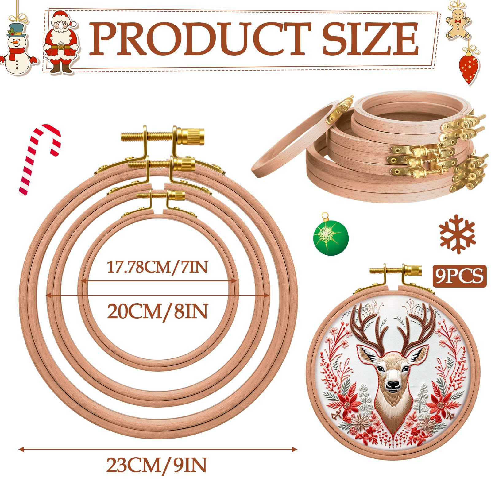 Condition photo showing New/Like New for DoubleFill 9 Pcs Beech Wood Embroidery Hoops Sizes from 7 inch to 9 inches Frame Beech Wood Circle Rubber Hoops Ring Hanging Display Cross Stitch Ornament Gift Kits for Craft Sewing Gifts