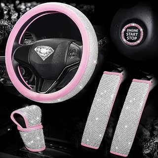 Set of 5 Bling car Accessories for Women Girly,Diamond Steering Wheel Covers Universal Fit 15Inch,Rhinestone Seat Belt 2pcs,Glitter Shift knob Cover,Crystal Push Start Button Bling（Pink）