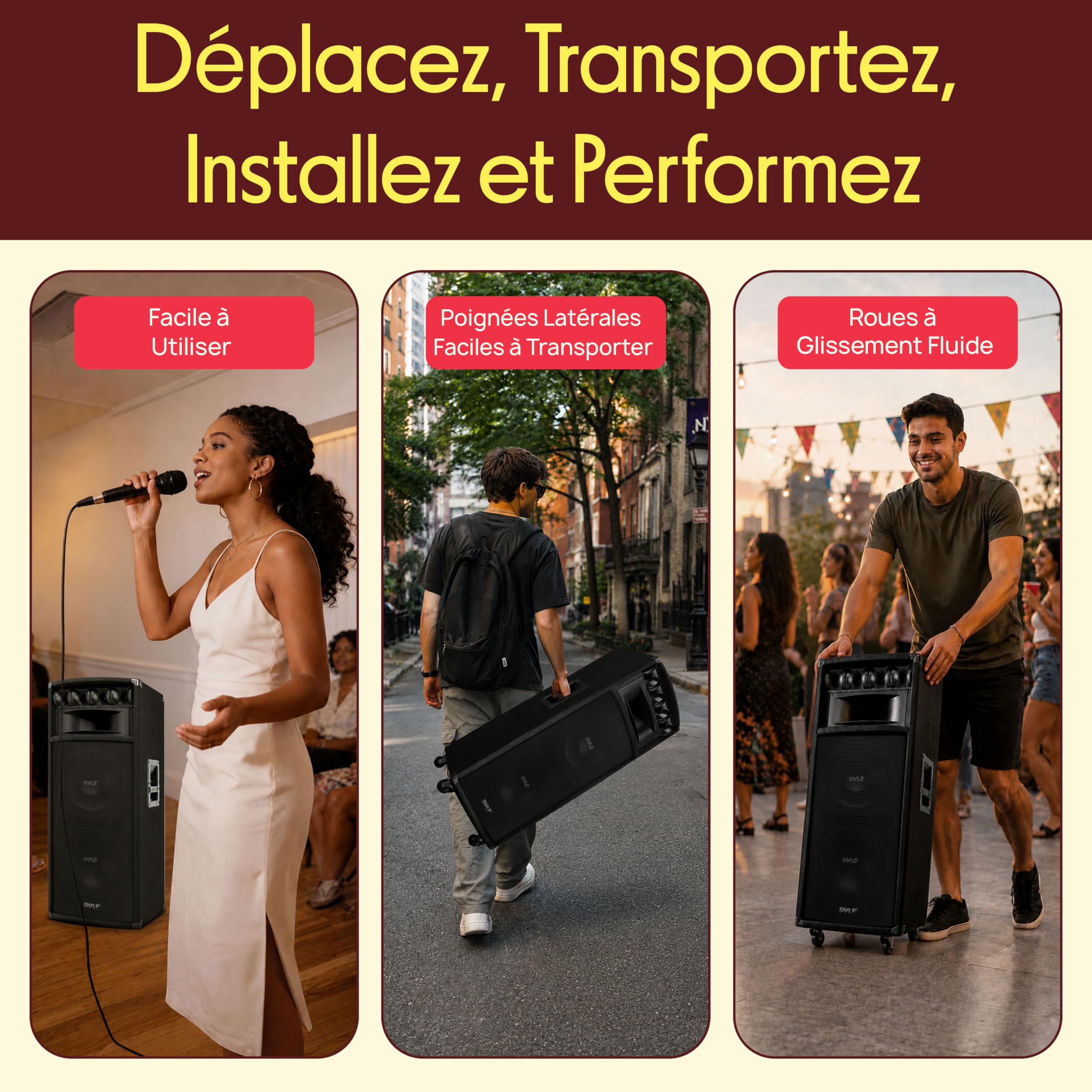 Pyle Système de Haut-Parleur PA Portable 1600 W – Enceinte Sonorisation Extérieure avec 2 x 30 cm Woofers, Tweeters Piezo 8,6 cm, Haut-Parleur Médium Super Horn 13 x 30 cm, Crossover Intégré
