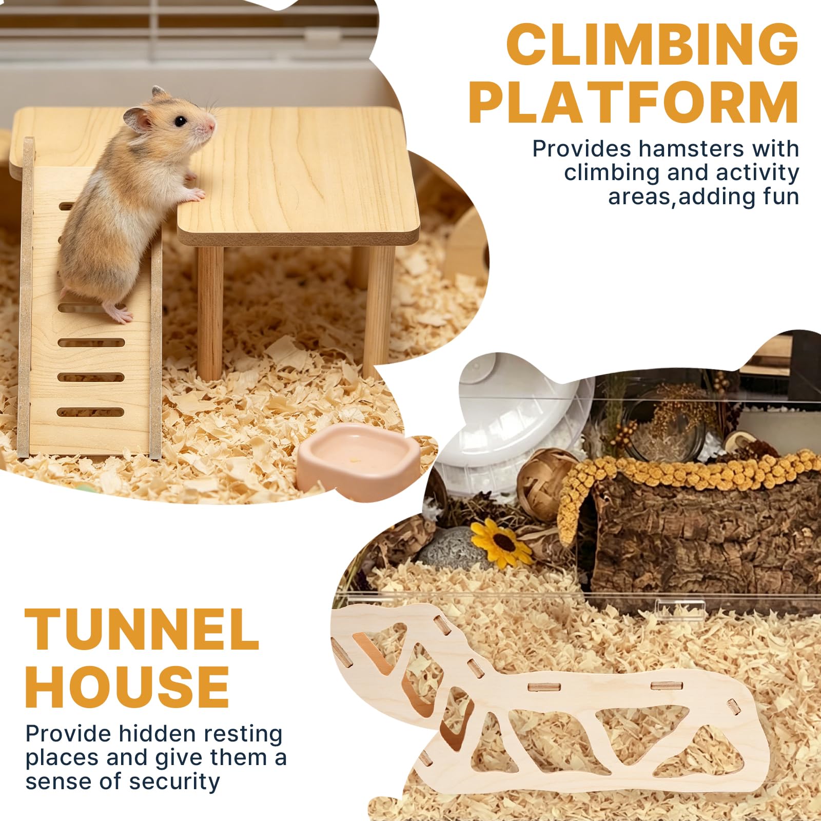 Plateforme en Bois pour Hamster avec Échelle d'escalade et Tunnel, Set Plateforme pour Petit Animal de Compagnie, Hamster Russe Doré Syrien Nain, Jouet à Mâcher Accessoire Cage
