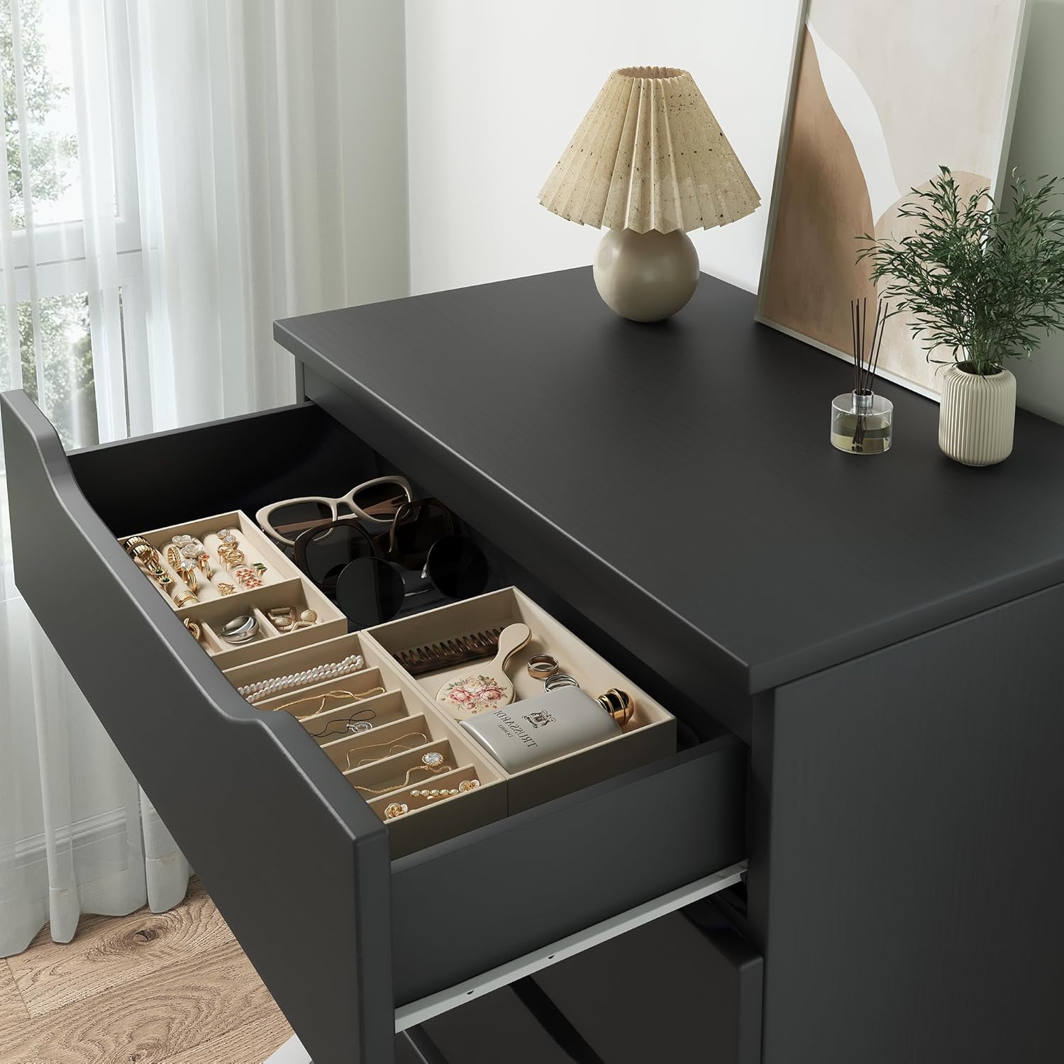 Black Tall 5 Drawer Dresser for Bedroom with Hidden Storage Design, Large Modern Closet Dressers & Chests of Drawers with Cut-Out Handles, 27.6" L*15.8" W*45.3" H for Bedroom, Living Room, Nursery