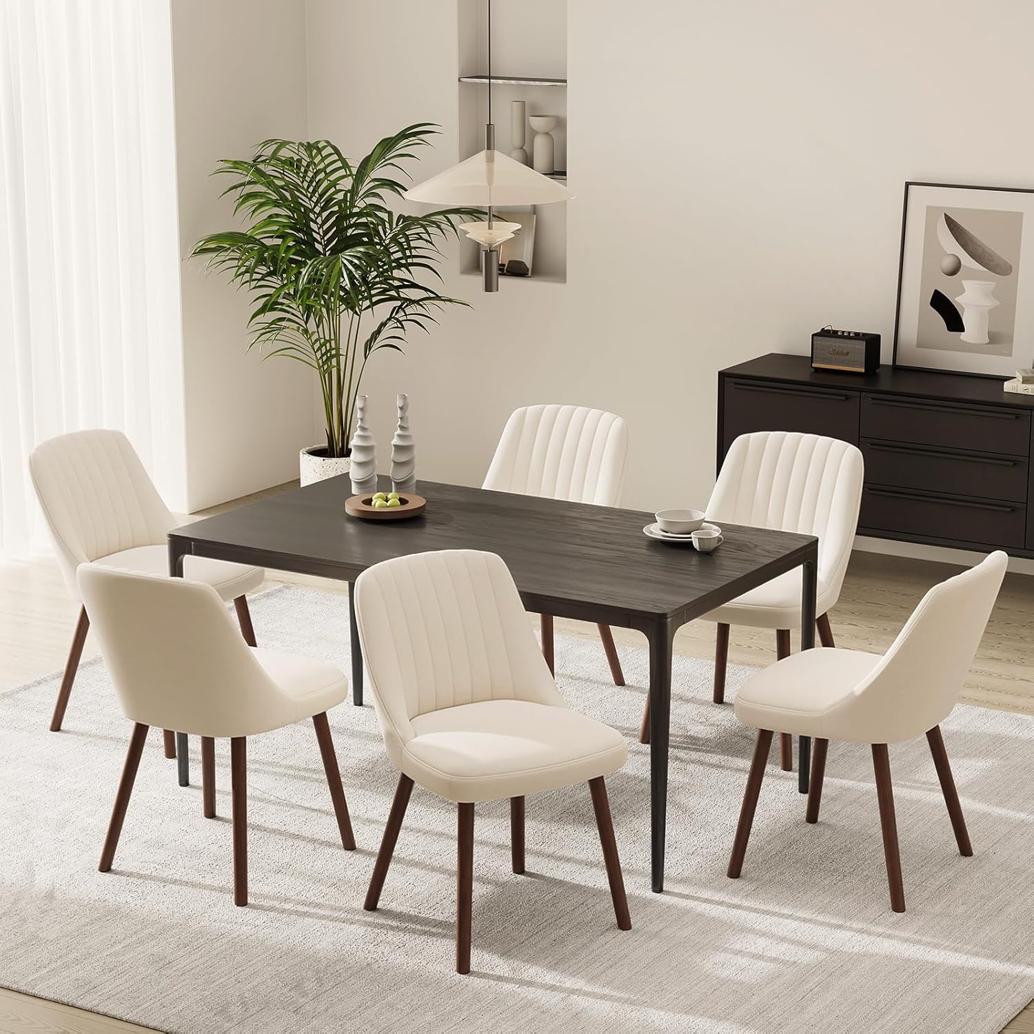 MALOL Beige Upholstered Dining Chairs Set of 6, Modern Fabric Kitchen Chairs with Curved Back & Wood Legs