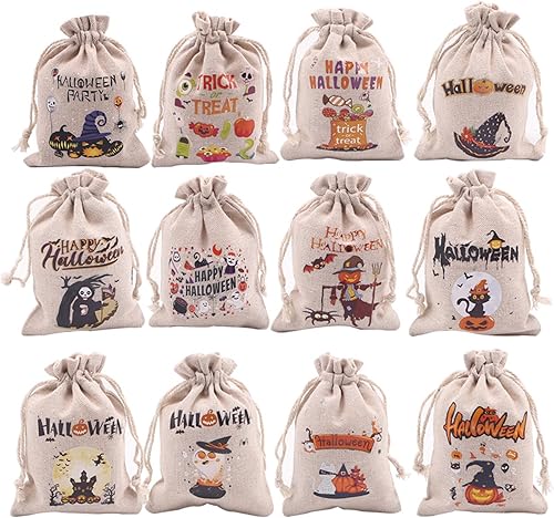 YINAJEW 30 bolsas de arpillera de Halloween, 4 x 6 pulgadas, bolsas de lino de Halloween con cordón, pequeñas bolsas de regalo de Halloween, bolsas
