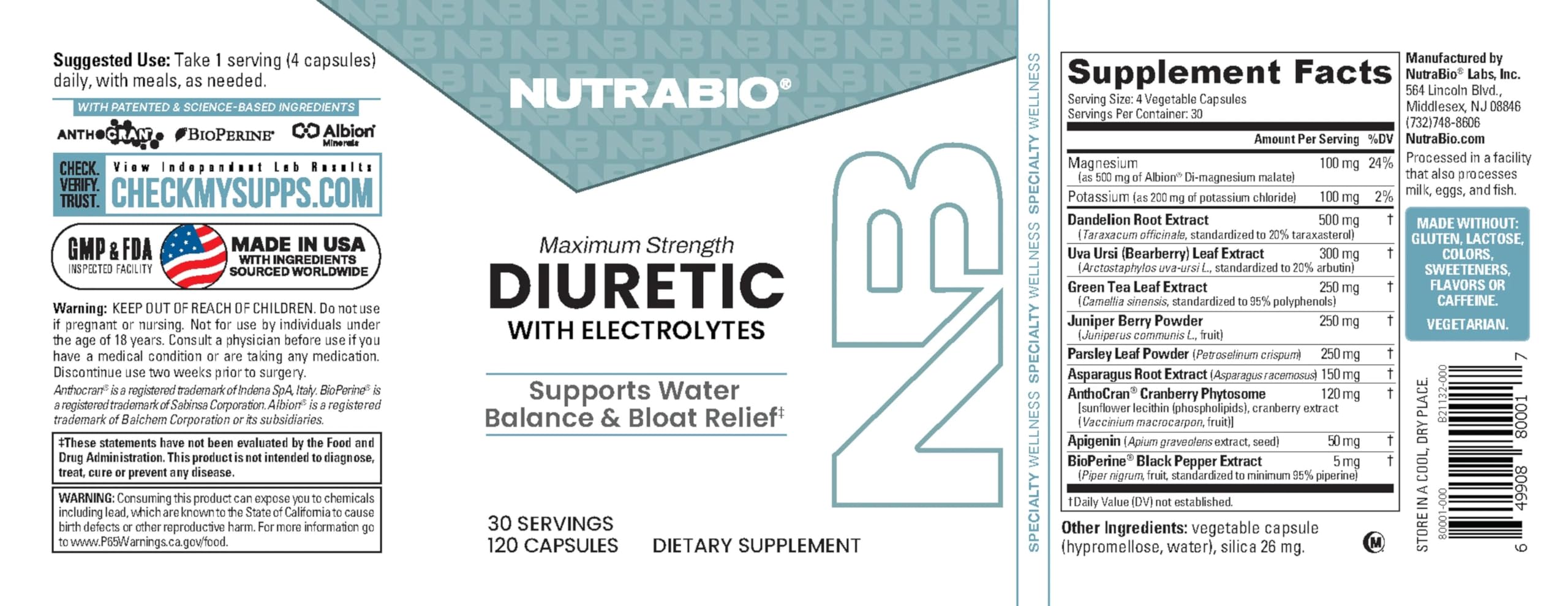 NutraBio Diuretic with Electrolytes- Maximum Strength Water Retention Pills and Bloat Relief Support for Women and Men, Weight Loss Support, Diuretic Water Pills Supplements- 30 Servings- 120 Capsules — Amazon image 5