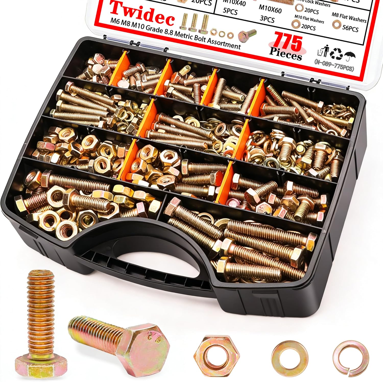 Twidec/775PCS Metric Bolt Assortment,Grade 8.8 Hex Head Nuts and Bolts Assortment Kit, M6/M8/M10(12-60mm) Heavy Duty Bolts and Nuts Kit, Flat & Spring Lock Washer Gold Zinc Plating With Storage Case