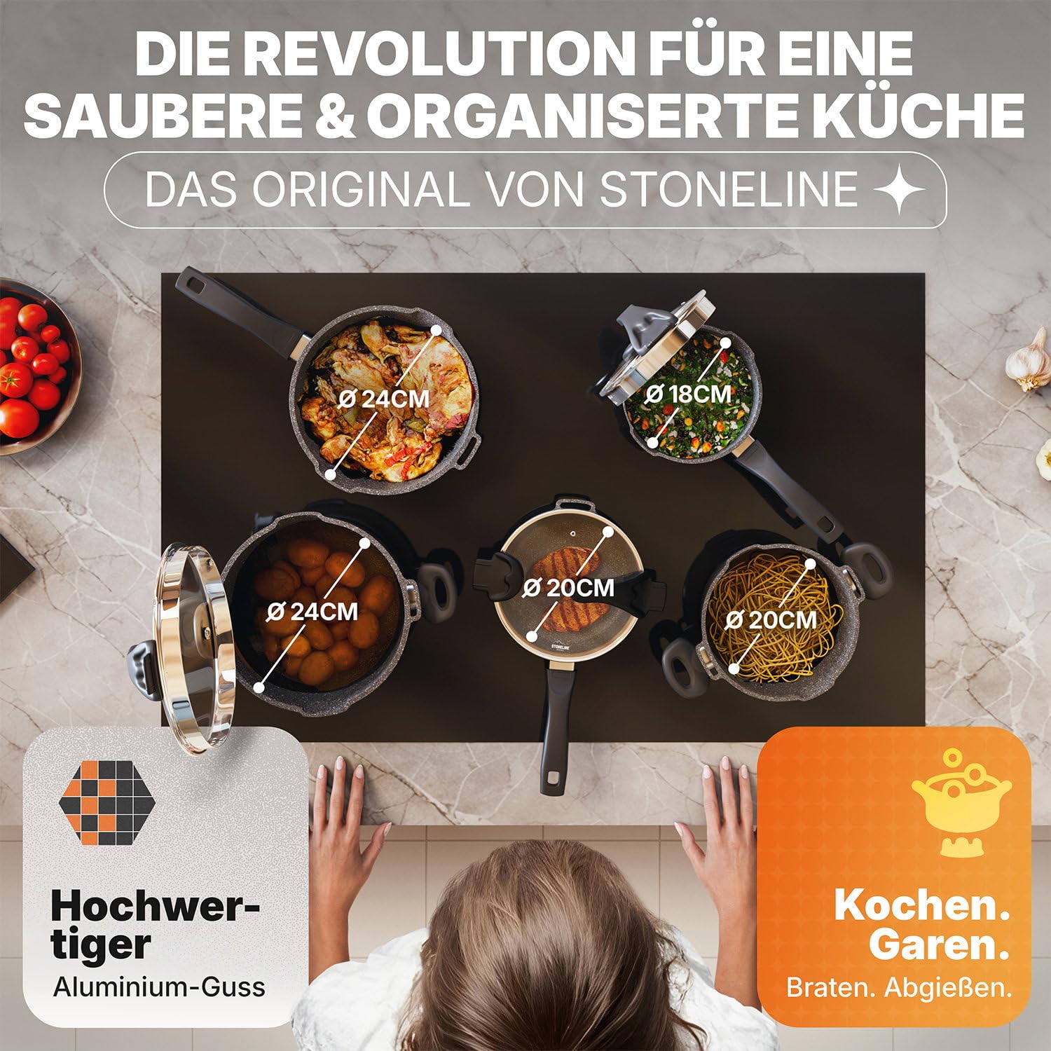 STONELINE Future Topfset Induktion, 8-teiliges Topfset mit Pfanne und Sieb Deckel, Kochtopf Set beschichtet mit echten Steinpartikeln, Aluguss Topf und Pfanne Induktion für alle Herdarten geeignet