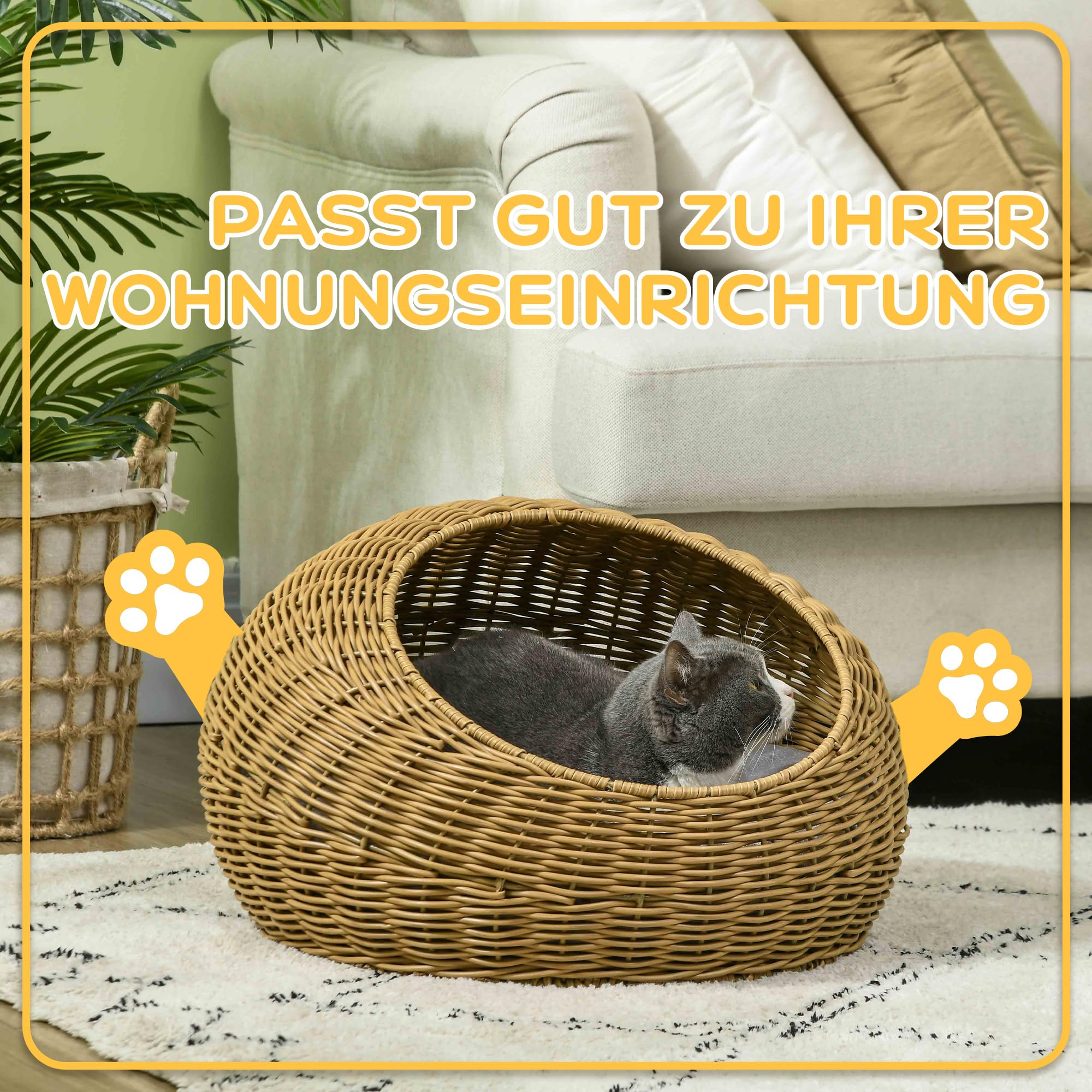 PawHut Rattan Katzenkorb Katzenhöhle bis 4 kg Ø50 x 31 cm Hellbraun