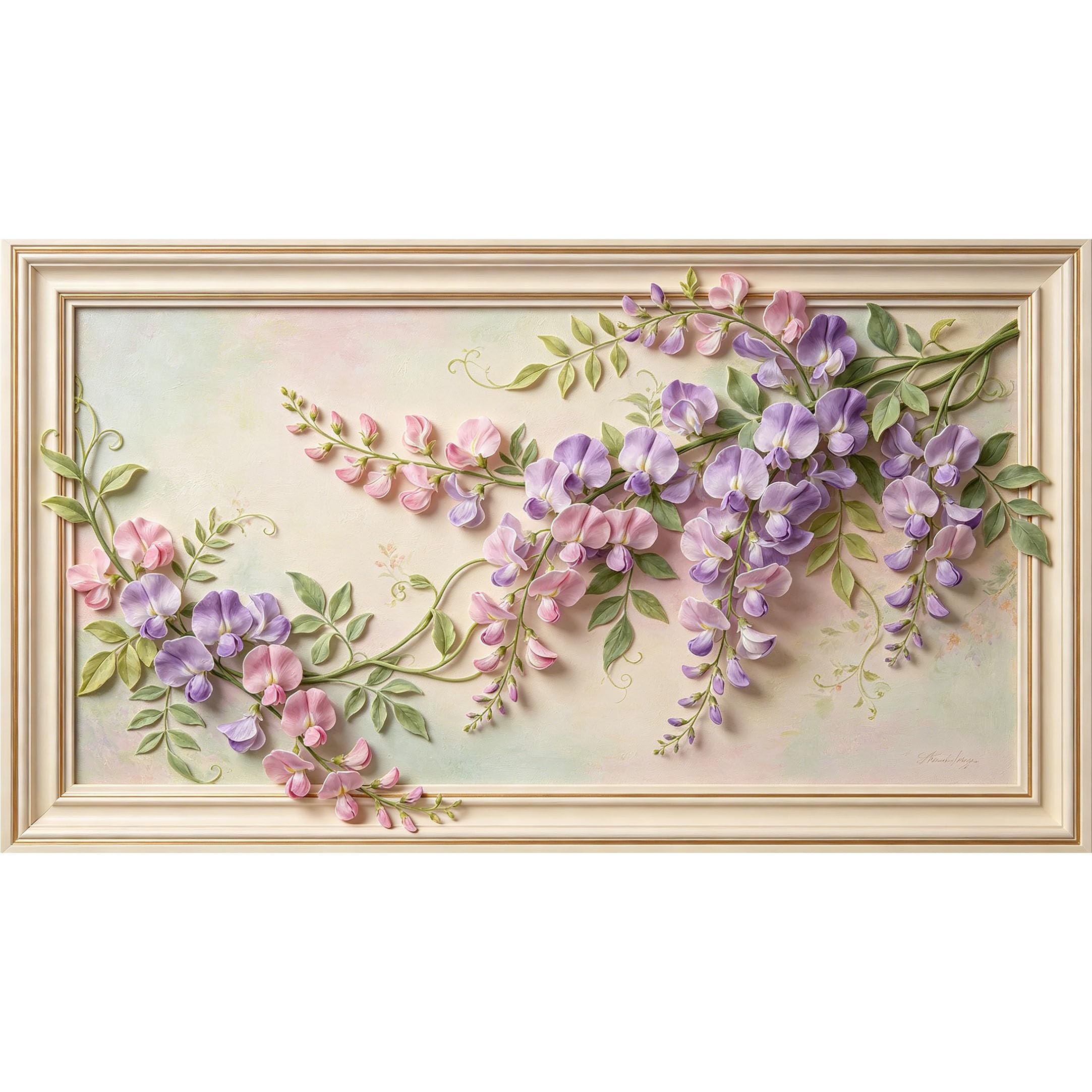 QZLITHOTIC 50x90cm3D Framed Wall Art， Botanical Wisteria Floral Pattern Self‑Adhesive Mural， Water‑Activated Peel & Stick Fabric Decor Wall Decal for Bedroom Living Room