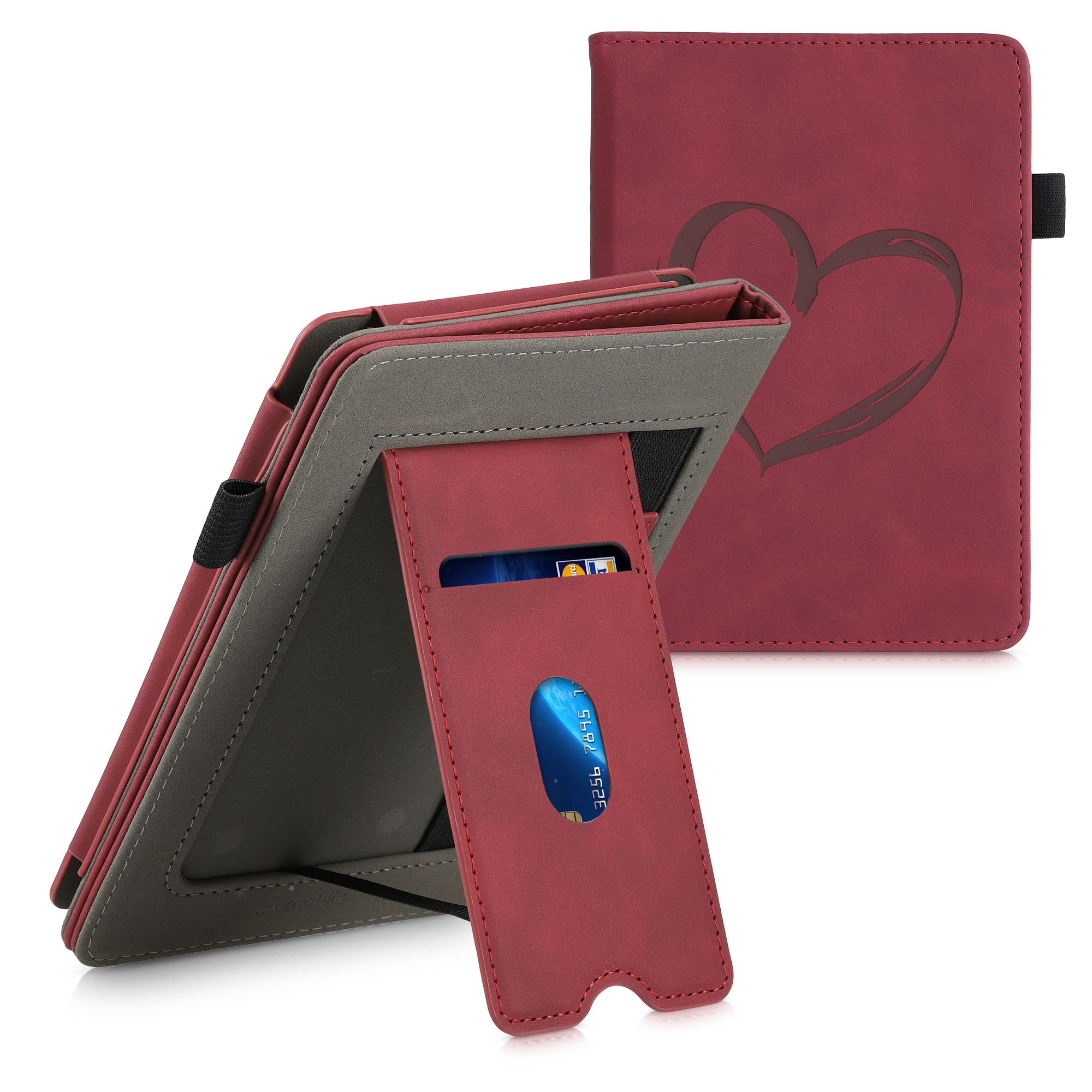 kwmobile Etui kompatybilne z Amazon Kindle Paperwhite - Syntetyczna skóra nubukowa z zapięciem na magnes, podpórka, pasek na rękę, otwór na kartę - szczotkowane serce ciemnoczerwony