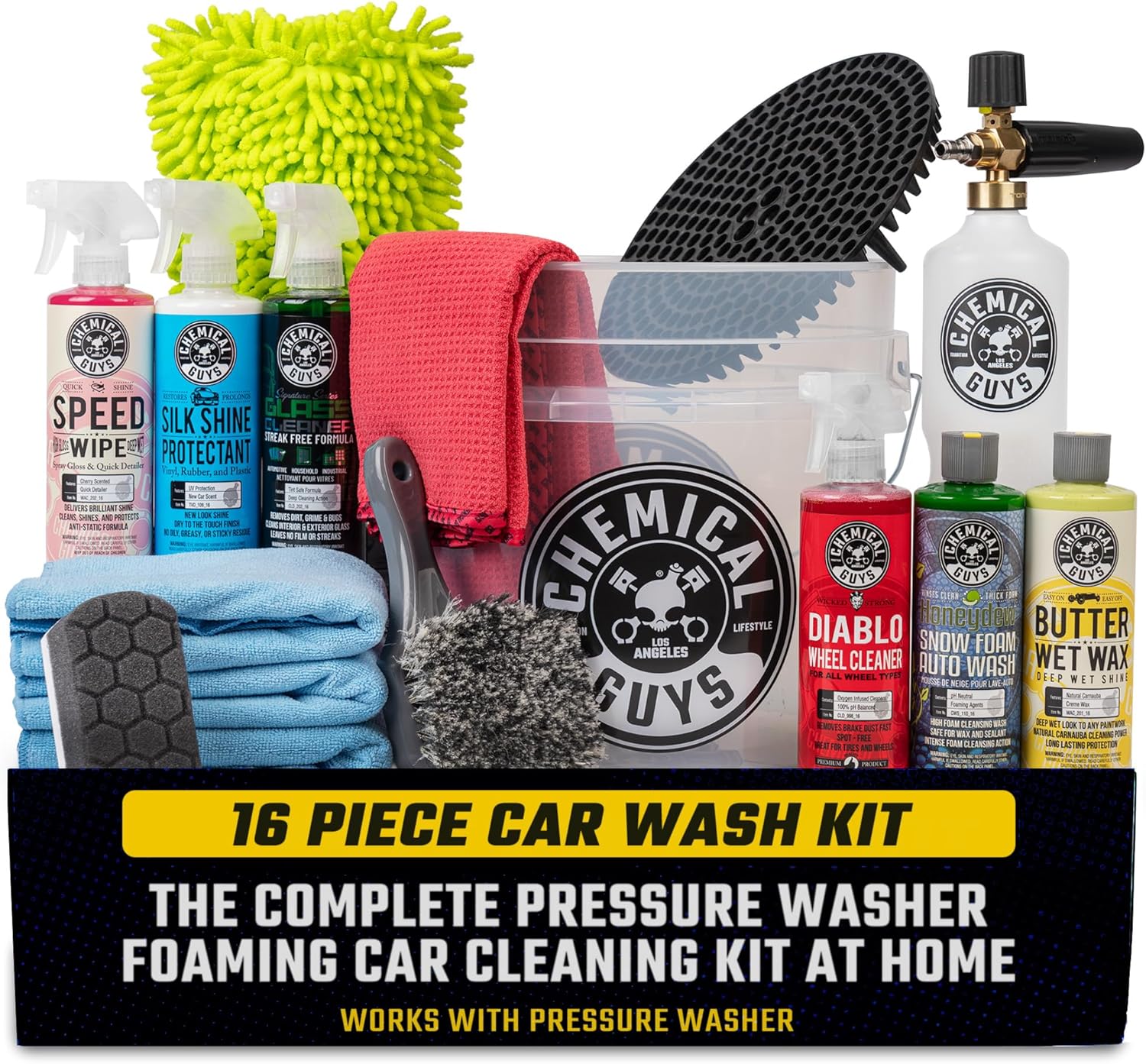 Chemical Guys 16-Piece Arsenal Builder Car Wash Kit with Foam Cannon, Bucket, and 6 x 16 oz Car Care Chemicals – Works with Pressure Washers for Cars, Trucks, SUVs, Motorcycles, and More