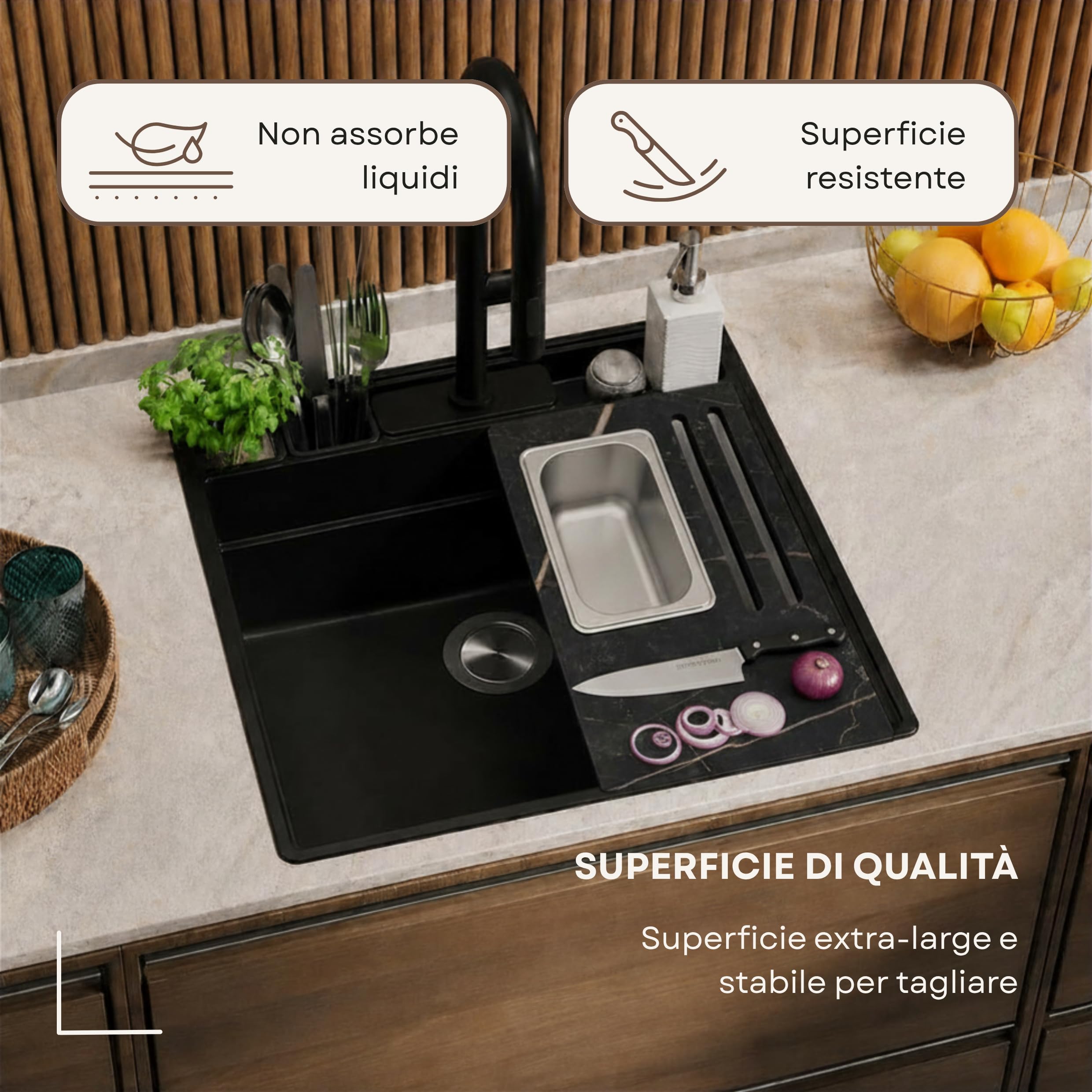 Tagliere da Lavabo in HPL 12mm Effetto Marmo Nero Design Moderno | Taglieri per Lavandino Antibatterico e Antigraffio con Vaschetta Contenitore Rimovibile per Alimenti Made in Italy