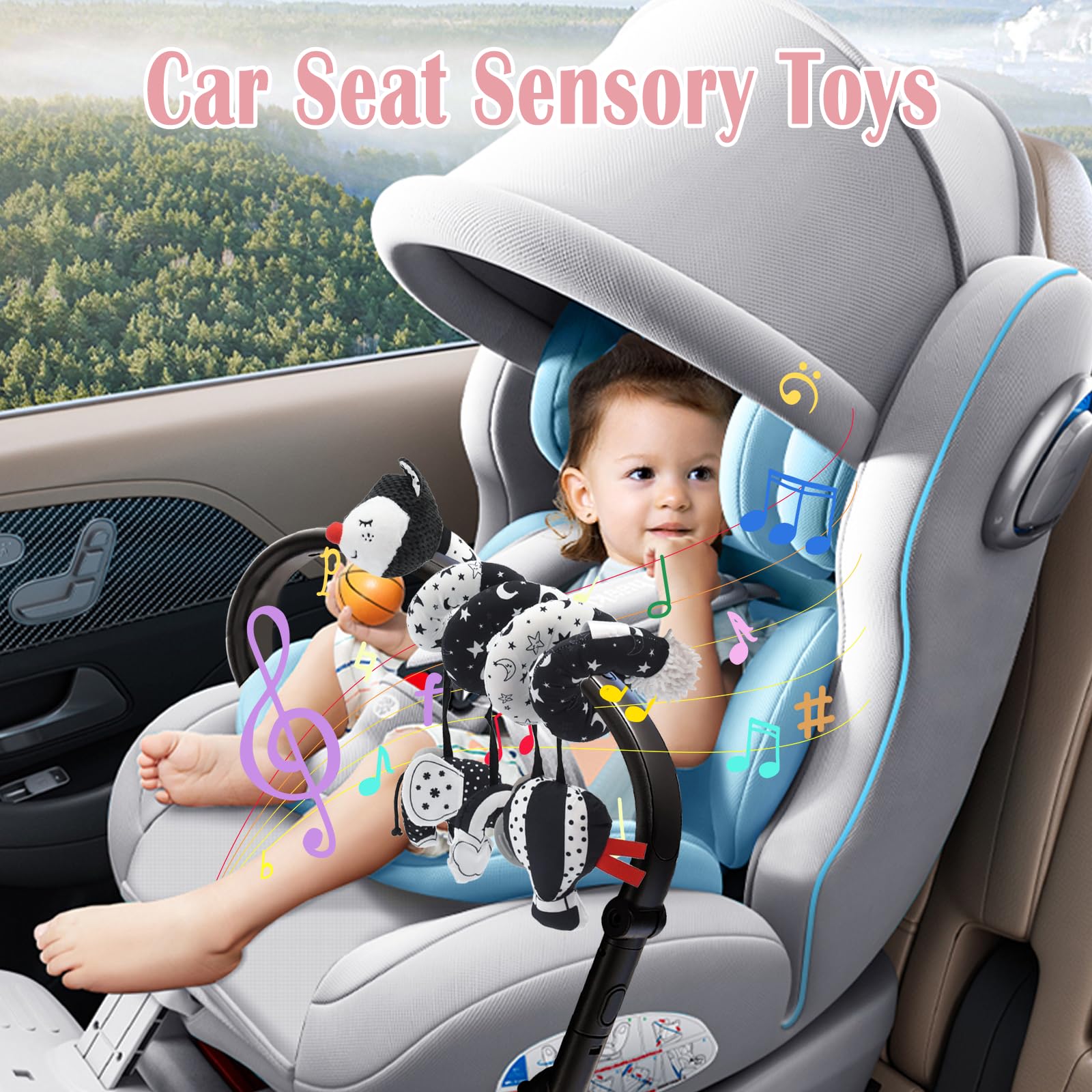 Espiral Carro Bebe, Blanco y Negro Juguetes para Cochecito de Bebé, Juguetes Colgantes en Espiral para Silla de Coche y Cuna de Bebé Móvil, Juguete para Cochecito para bebés de 0 a 6 Meses
