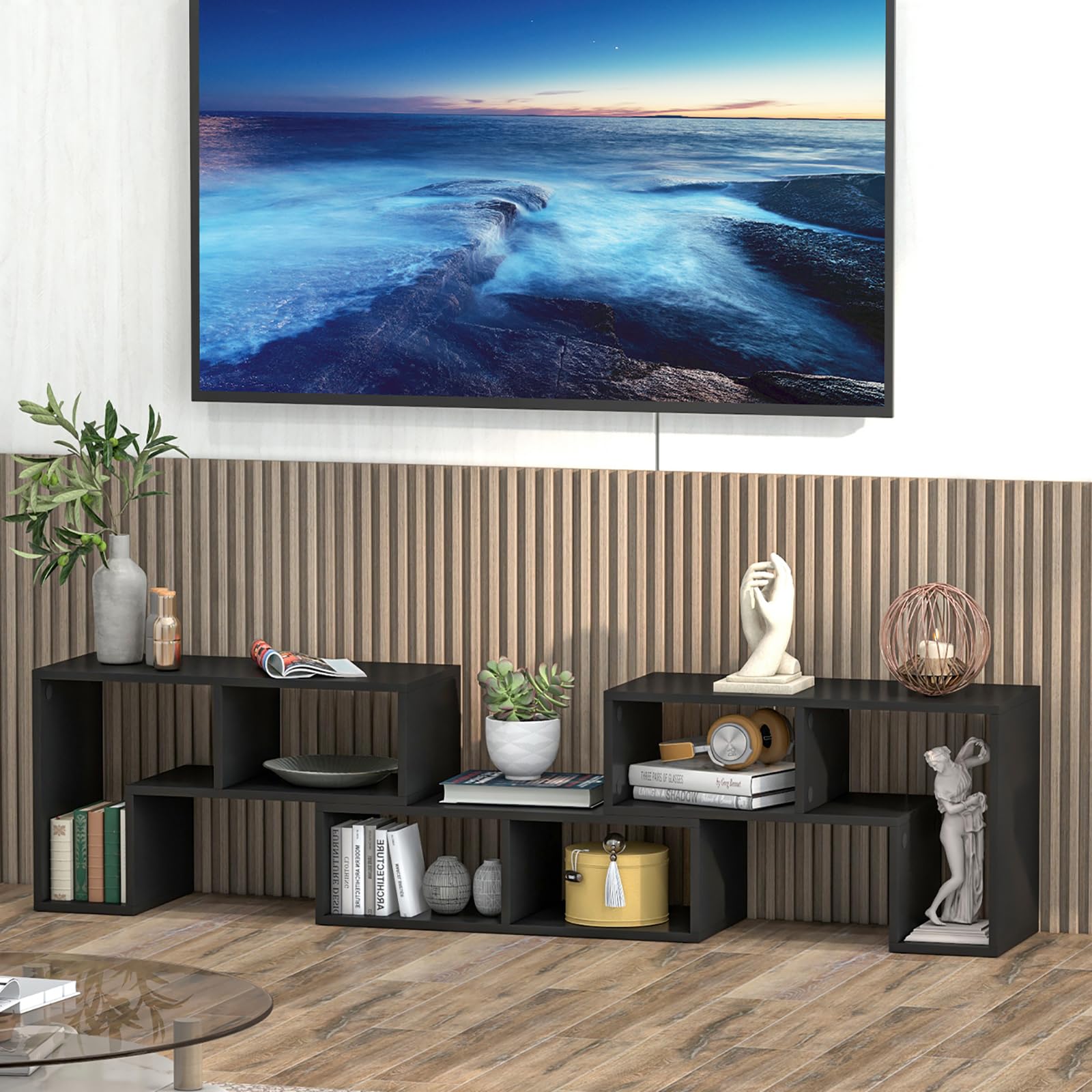 GIANTEX Fernsehschrank TV Schrank frei kombinierbar, Fernseher Regal Holz 180x30x43 cm, Sideboard TV Board Lowboard modular 3 teilig, Fernseher Schrank Fernsehtisch für 65 Zoll Fernseher, Schwarz