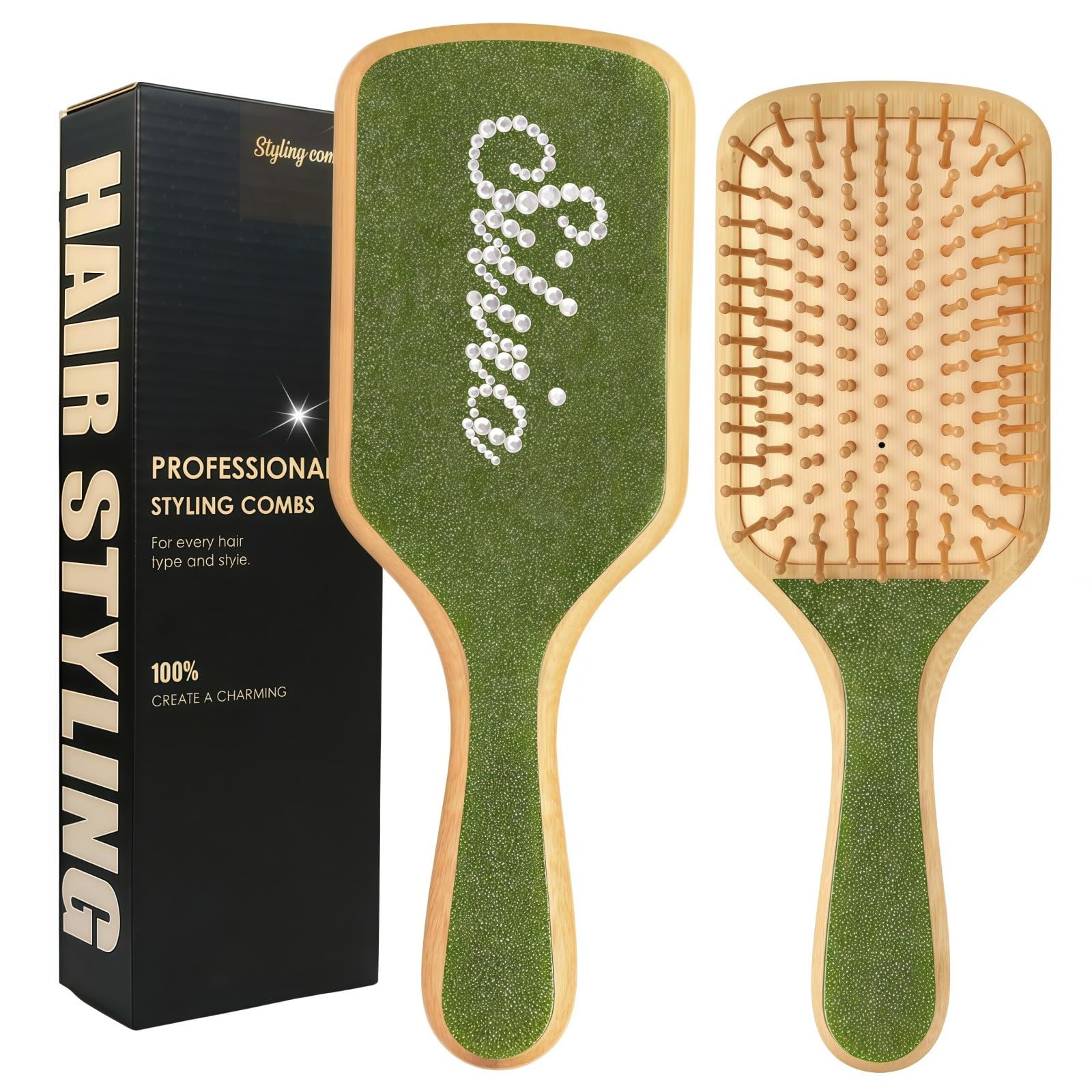 Everetched Personalized Rhinestone Hair Brush Custom Name Wooden Paddle Brush Natural Bamboo Boar Bristle Customized Gifts for Bridesmaid Birthday