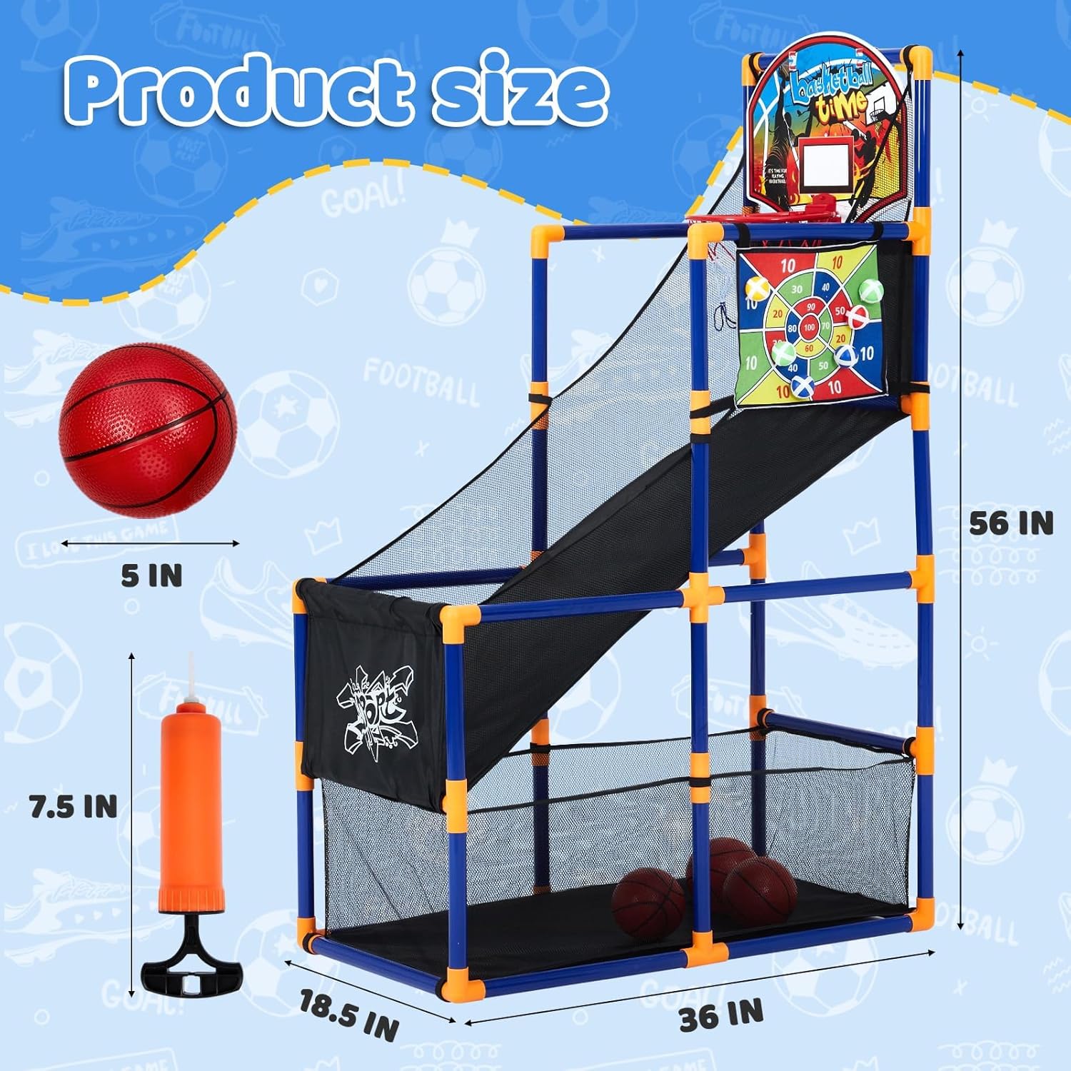 2-in-1 Kids Basketball Arcade Game Set with 4 Mini Basketballs and 6 Sticky Toss Balls, Indoor & Outdoor, Height Adjustable Hoop and Dart Game Sports Toy with Ball Return Ramp for Boys & Girls Ages 3+