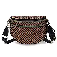 Fashion Checkered Woven Crossbody Bum Bag for Women Vegan Leather Double Zip Sling Purse Fanny Packs Belt Bag with Adjustable Strap for Travel Festival