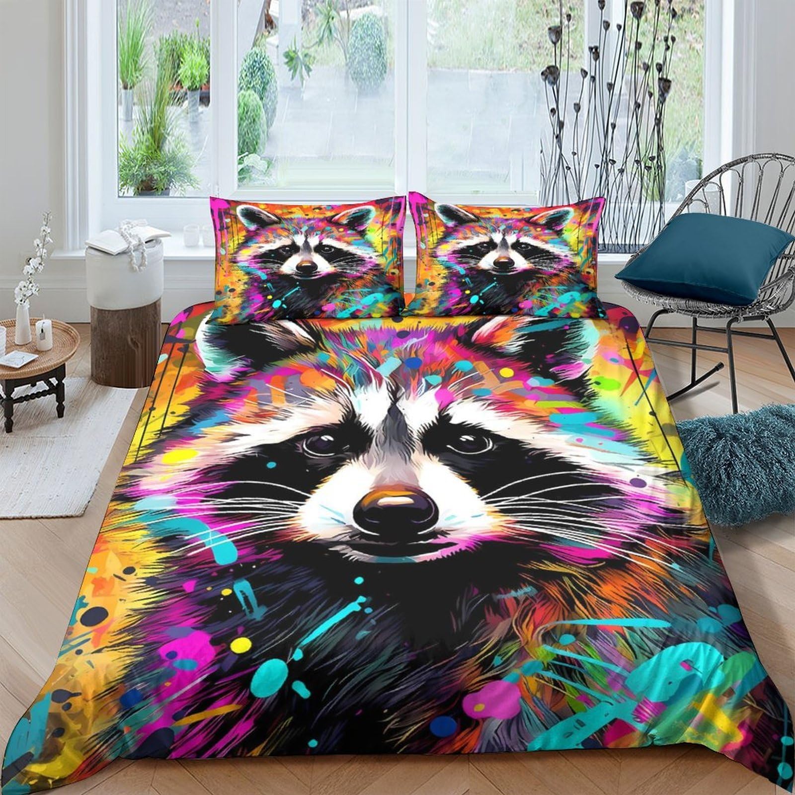 Ctjqhvkz Style-9 3D Printed Colorful Raccoon Fitted Sheet Microfiber Soft Vibrant Art Bed Cover For Bedroom Youth Guest Room Decor Single（135X200cm）