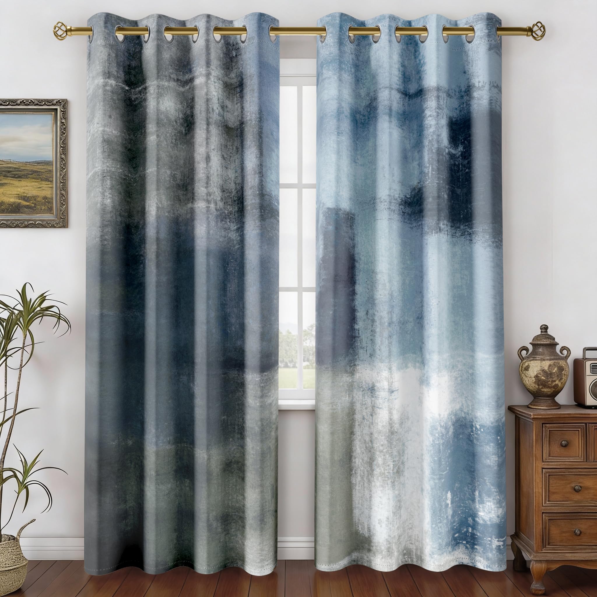 Asuexpect Dusty Blue Abstract Curtains 2 Panels Set Navy Grey Geometric Curtain Modern Chic Window Treatments Decorative for Farmhouse Living Room Bedroom Window 50% Darkening Curtain 52x84 Inch โ image 1