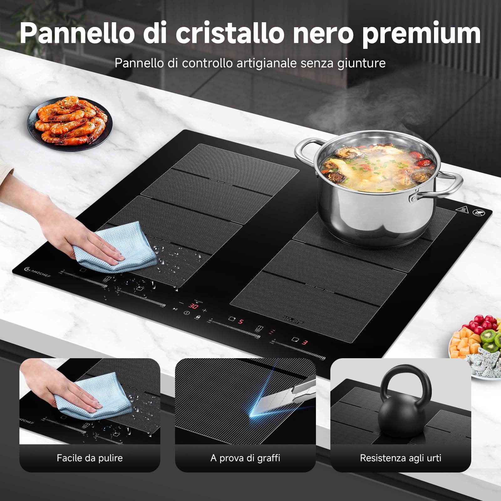 AMZCHEF Piano cottura a induzione 4 fuochi con 2 zone flessibili, con funzionamento silenzioso, 9 livelli di potenza e funzione booster - funzione BBQ, pausa e mantenimento in caldo, 60cm, 7400W
