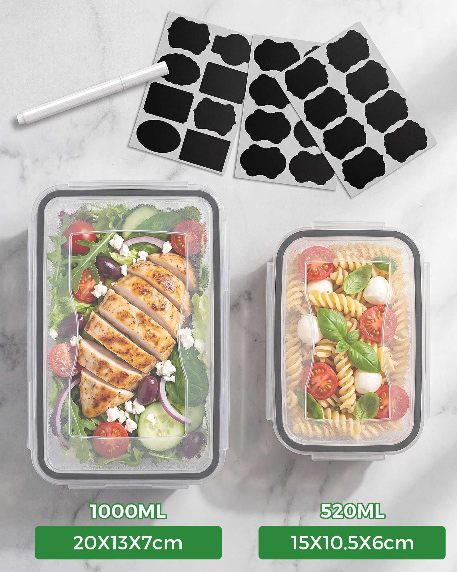 Contenitori Ermetici per Alimenti con Coperchio - Senza BPA, meal prep Contenitore per Microonde, Set Contenitori per Alimenti, Compatibile Congelatore e Lavastoviglie, 1L x 5 Pezzi + 0,52L x 5 Pezzi