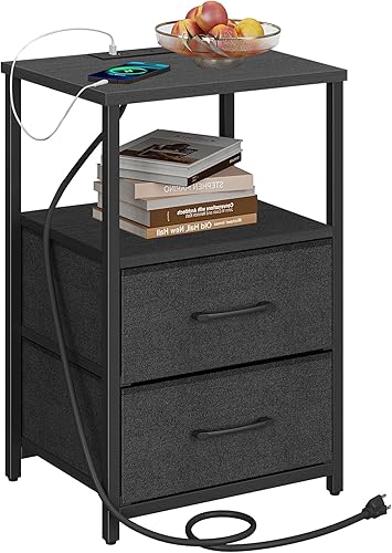 TUTOTAK Mesa auxiliar con estación de carga, mesita de noche, mesa auxiliar con 2 puertos USB y tomacorrientes, mesita de noche con cajón de tela,