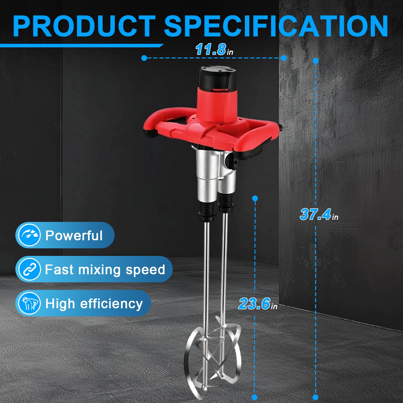 Mezclador de concreto de 2100 W, doble paleta mejorada, mezclador de cemento portátil con 6 velocidades, 950 rpm, mezclador de barro de mano para mortero, pintura, lechada, yeso, delgado, herramienta