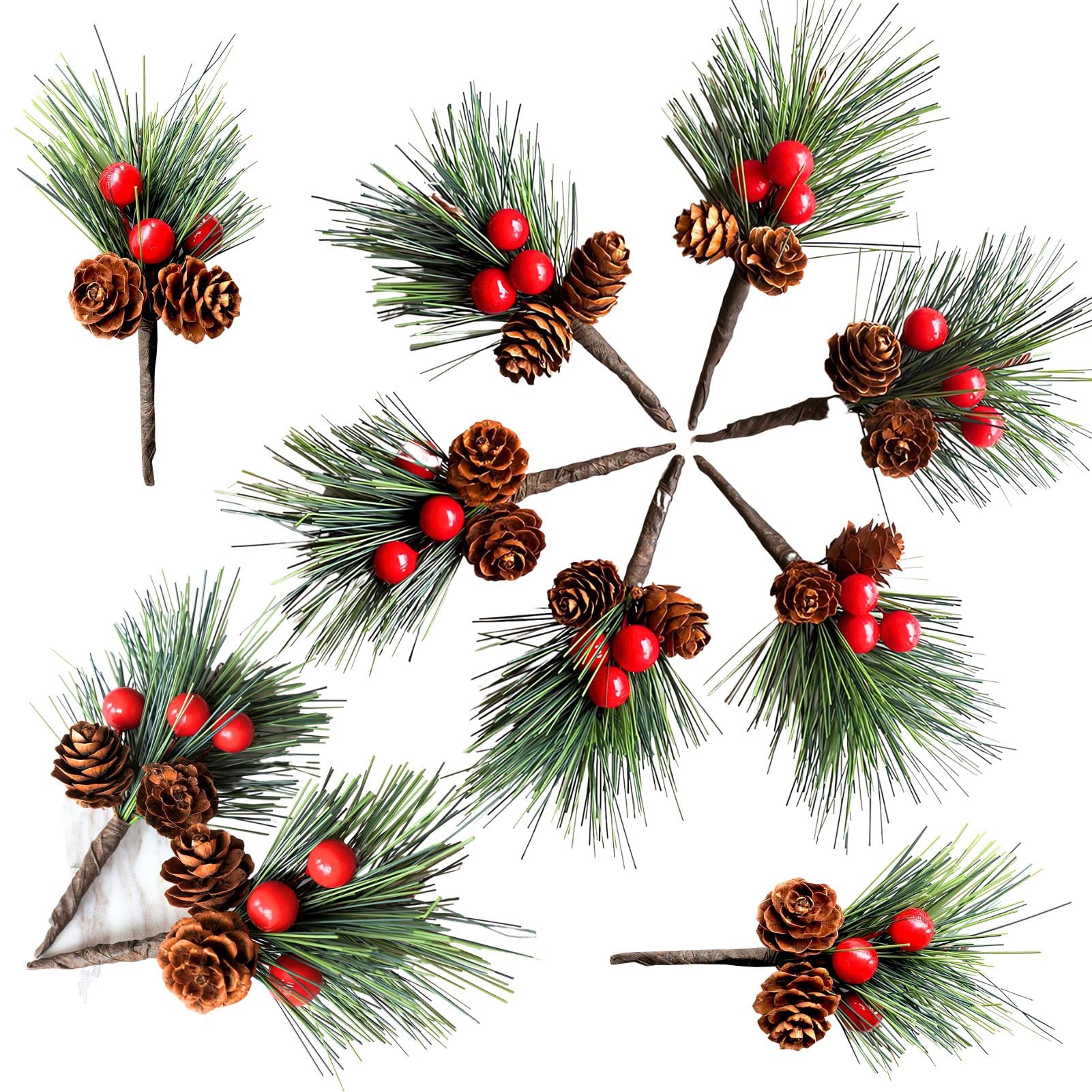 Green 10 Pcs Artificial Pine Picks Christmas Pine Picks With Red Berries And Pine Cones, Decorative Bouquets For Crafts, Gifts, Xmas Arrangements Wreath Decoration