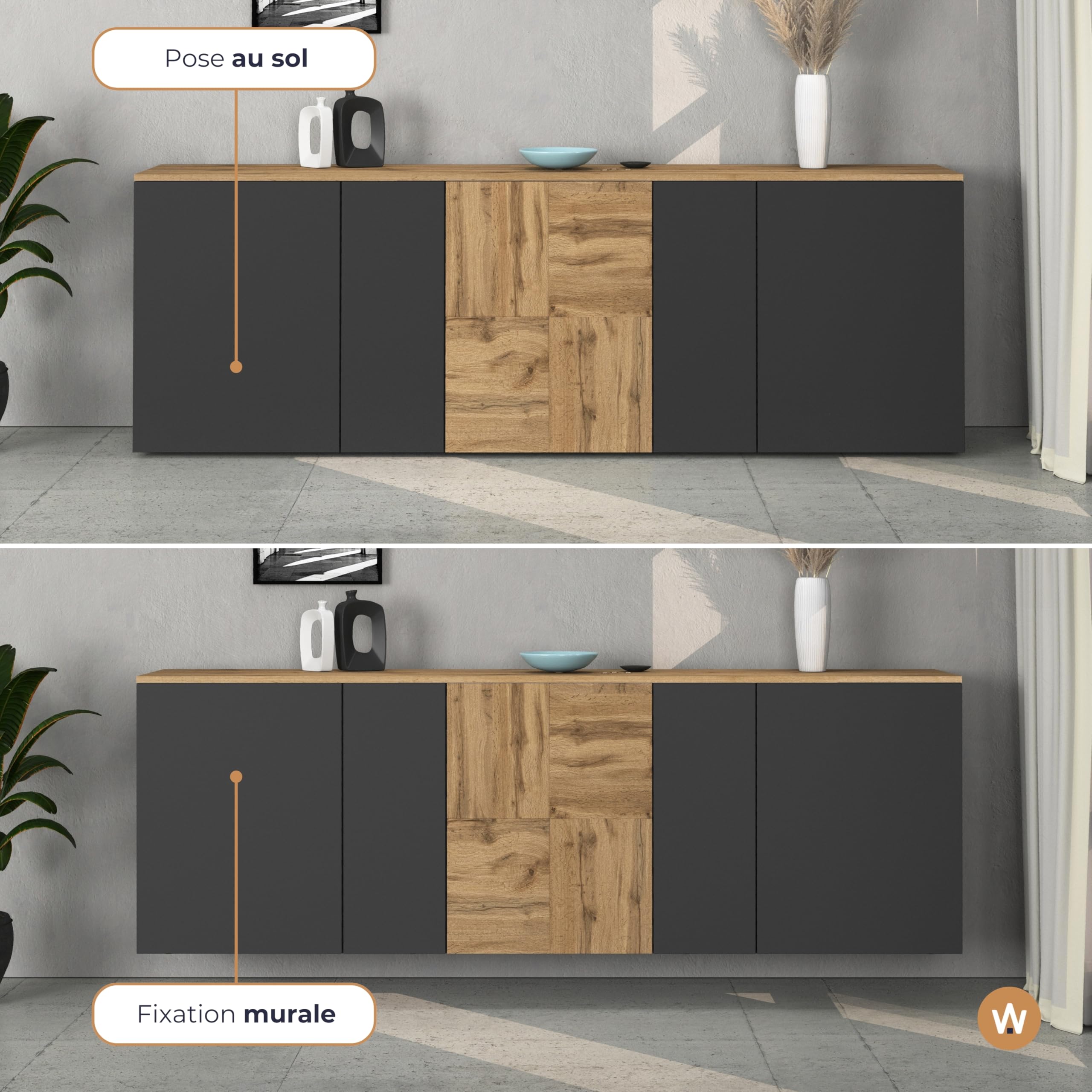 WHOUS Buffet ISEO pour Salon avec 5 Portes, bahut pour Cuisine et Salle à Manger de 200 x 35 x 70, Bicolore Anthracite Opaque et Chêne