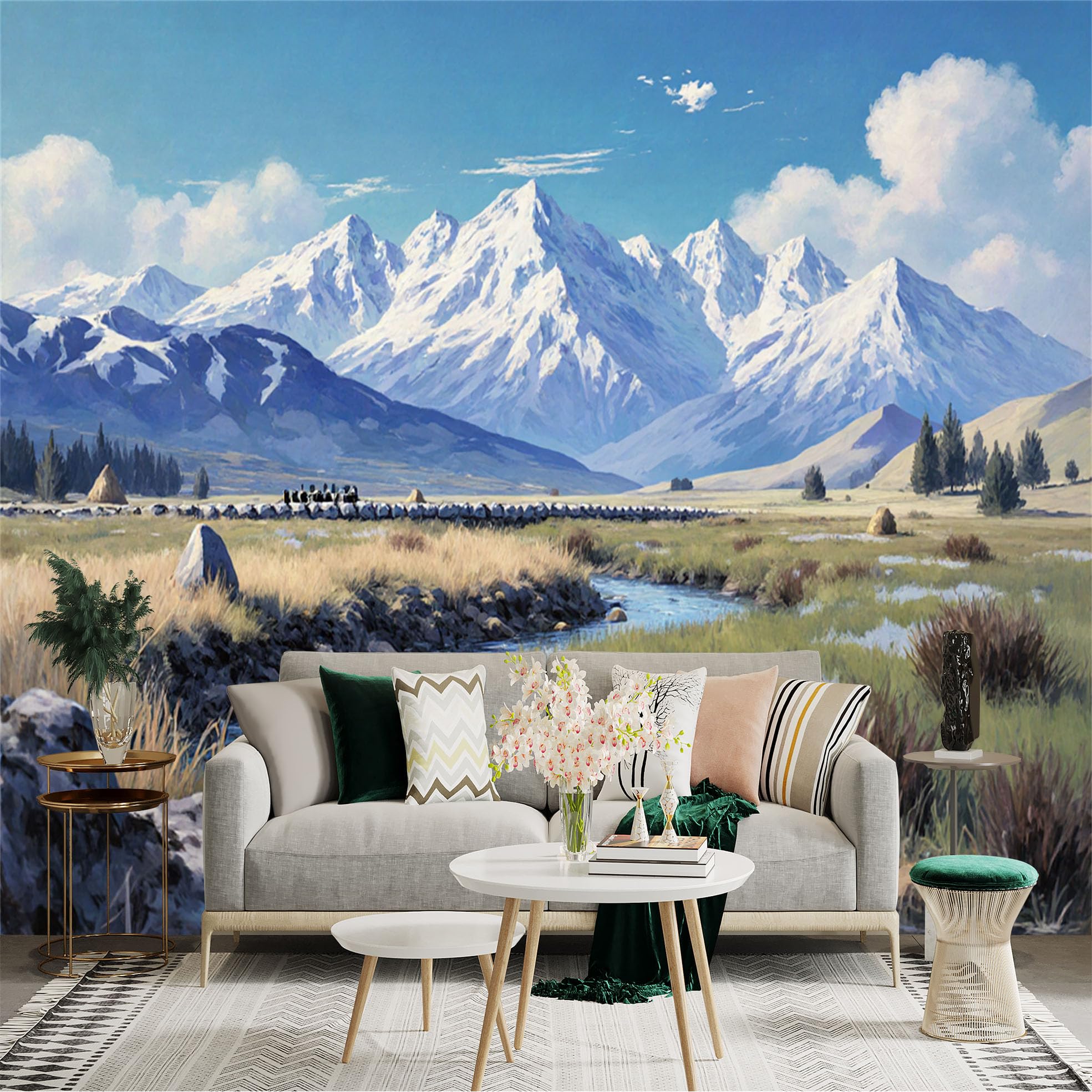 Custom Size Wall Sticker Mural， Snowy Mountains with River， Blue Sky and Meadow Landscape， for wall Decoration， peelandstick wall Decals.
