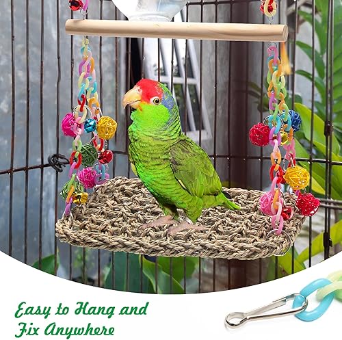 Bird Swing Toys Coolrunner Bird Hammock Bed Hanging Swing Nest Cotton Weave Hemp Rope Bird Seagrass Swing Toys with Colorful Bells Bird Swing Toys for Parakeets, Budgie, Conure, Cockatiel