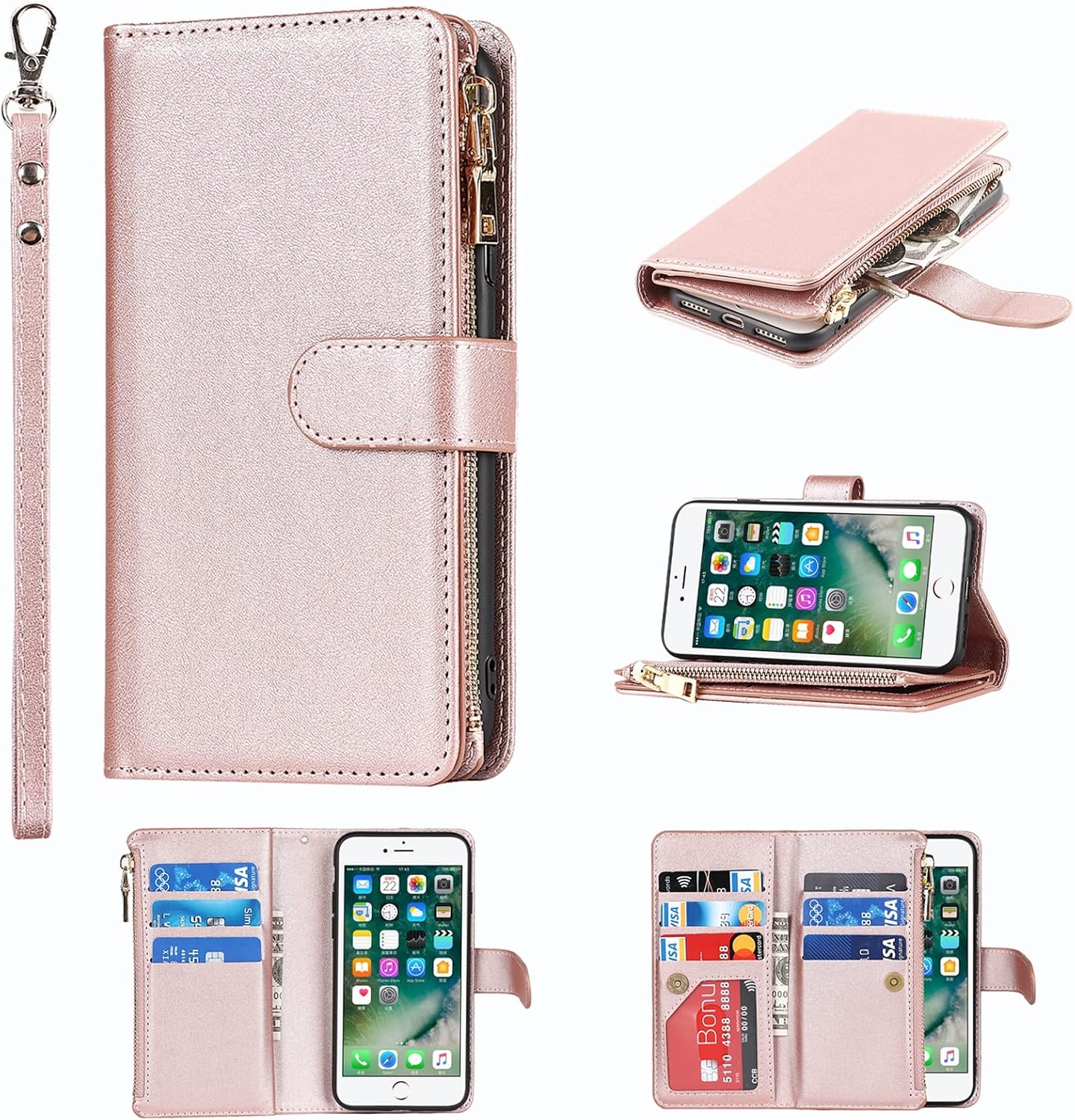 Compatible with iPhone 7 Plus/iPhone 8 Plus Wallet Case,[9 Card Slots] [Wrist Strap] [Stand Feature] Zipper Cash Pocket Magnetic Leather Cover Shockproof Case for iPhone 7 Plus,5.5" Rosegold