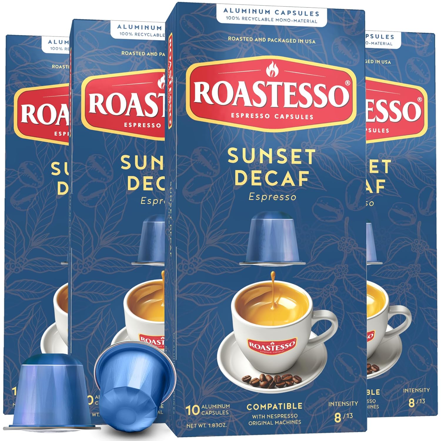Roastesso, Aluminum Espresso Capsules, Sunset Decaf, Decaffeinated Pods, Compatible with Nespresso Original Machines, Dark Roast, Intensity 8, Recyclable Coffee Capsules, Packed in USA (40 Count)