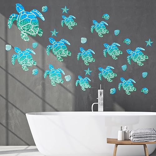 Miniatura 4 de Outus 46 calcomanías de pared de tortuga marina, calcomanías de vinilo de tortuga oceánica, calcomanías de baño subacuáticas, calcomanías de pared