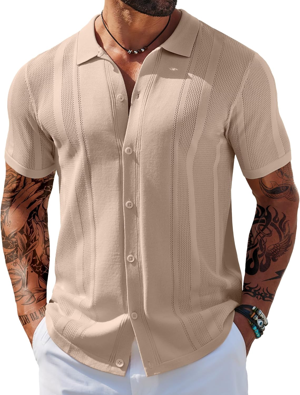 COOFANDY Men's Knit Shirts Short Sleeve Button Down Polo Shirt Vintage Casual Beach Shirt Summer Tops