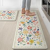 GENIMO Anti-Fatigue Kitchen Mats 2PCS Non-Slip Washable Waterproof Farmhouse Rugs, Cushioned Standing Mats 17.3x47 + 17.3x30 Soft White