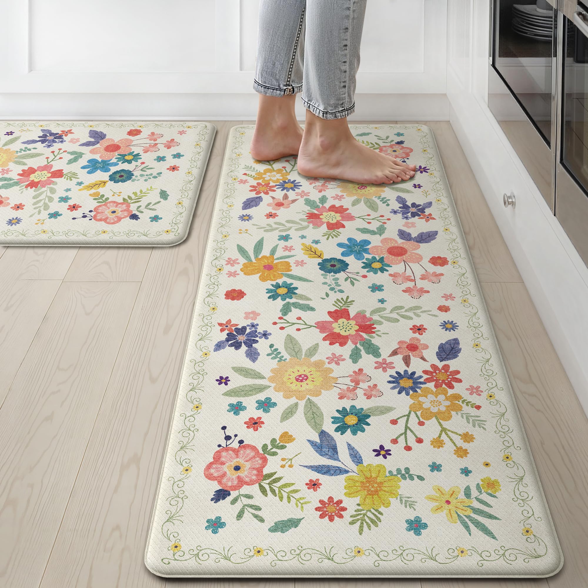 GENIMO Kitchen Mats for Floor 2PCS, Cushioned Kitchen Rugs Non Slip Washable, Farmhouse Anti Fatigue Mat Waterproof, Comfort Standing Mat Rug for Office, Home, Laundry, 17.3"x47"+17.3"x30", SoftWhite