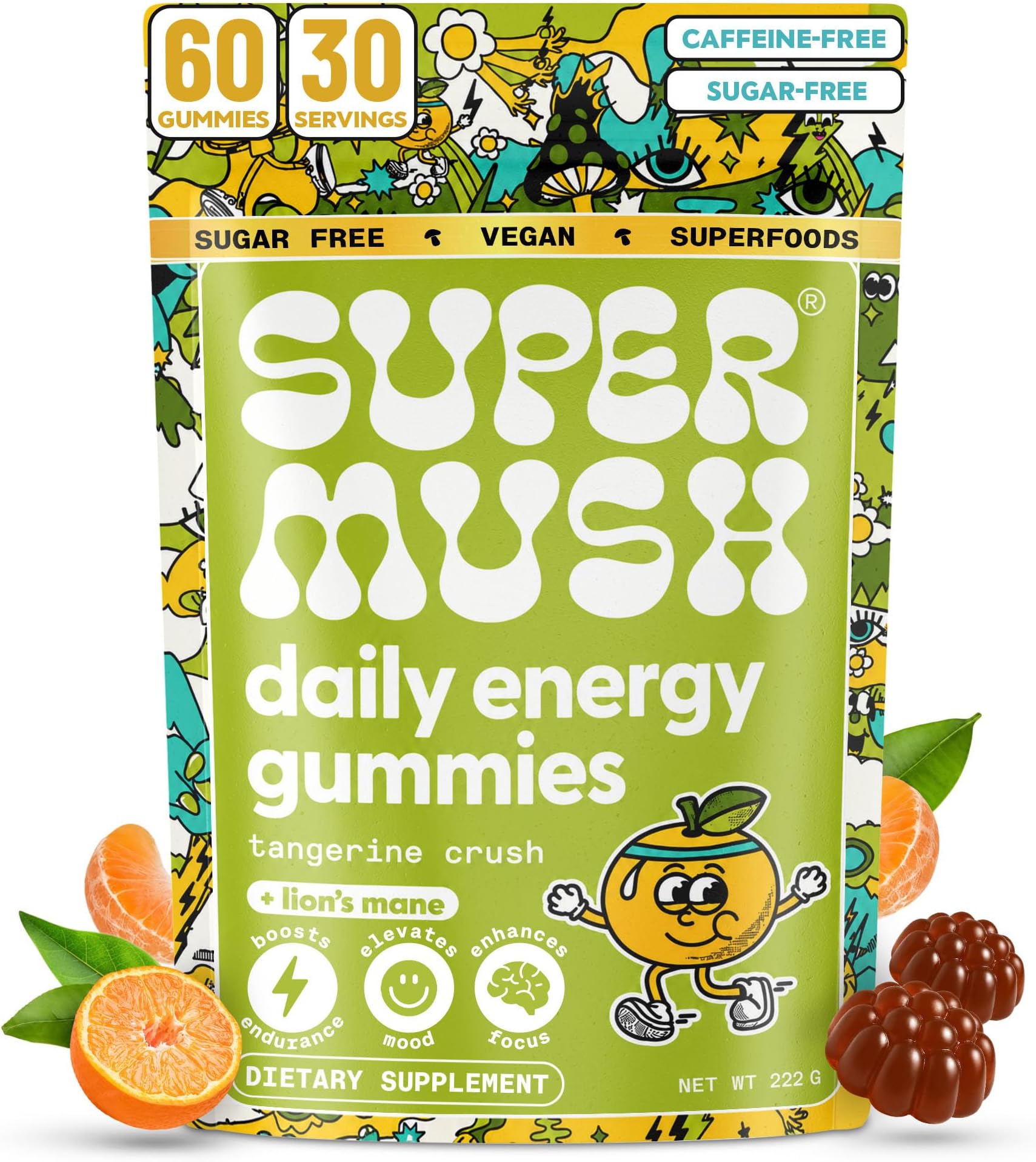 SuperMush Daily Energy Gummies - Lion's Mane & Cordyceps - 60 Count | Organic Lion'S Mane & Cordyceps Support Focus And Clean Energy Without The Crash, Vegan, Sugar-Free Nootropic Gummies