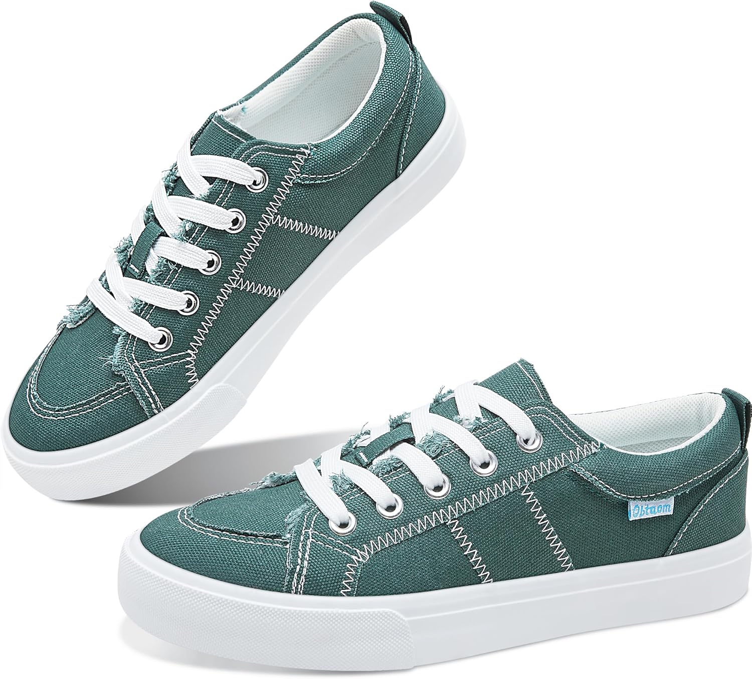 Obtaom Women's White Play Fashion Sneakers Cute Lace up Canvas Shoes Low Top Washed Canvas Flat for Lady