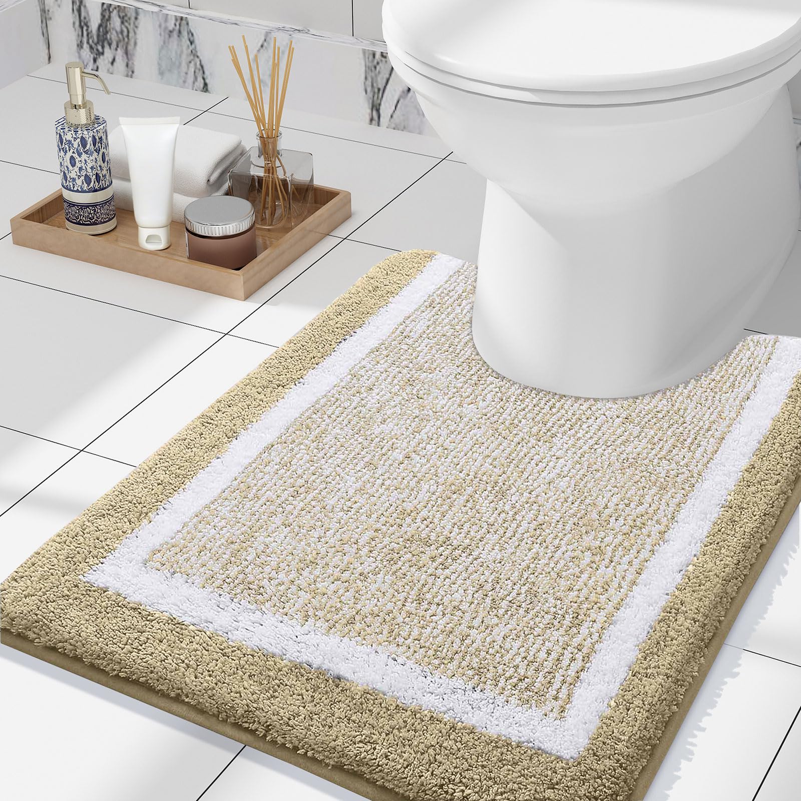 OLANLY Toilet Rugs U-Shaped 24x20, Extra Soft and Absorbent Microfiber Bathroom Rugs, Non-Slip, Machine Wash Dry, Plush Shaggy Contour Bath Mats for Toilet Base (Beige and White)OEKO-TEX STANDARD 100